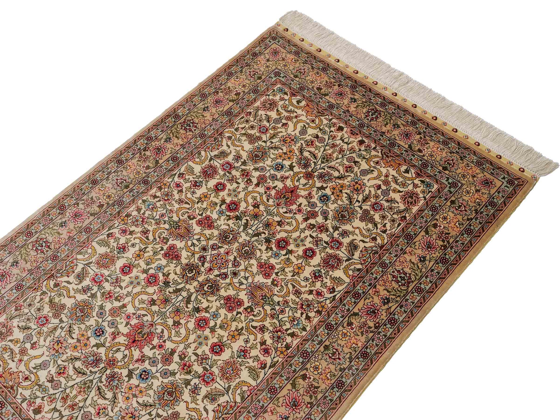 Sehr feiner, handgeknüpfter Khademi Orientteppich mit Hereke Design aus reiner Seide, beige, creme, weiß. 125x79 cm. Vertrieb durch Jupiter Intl.