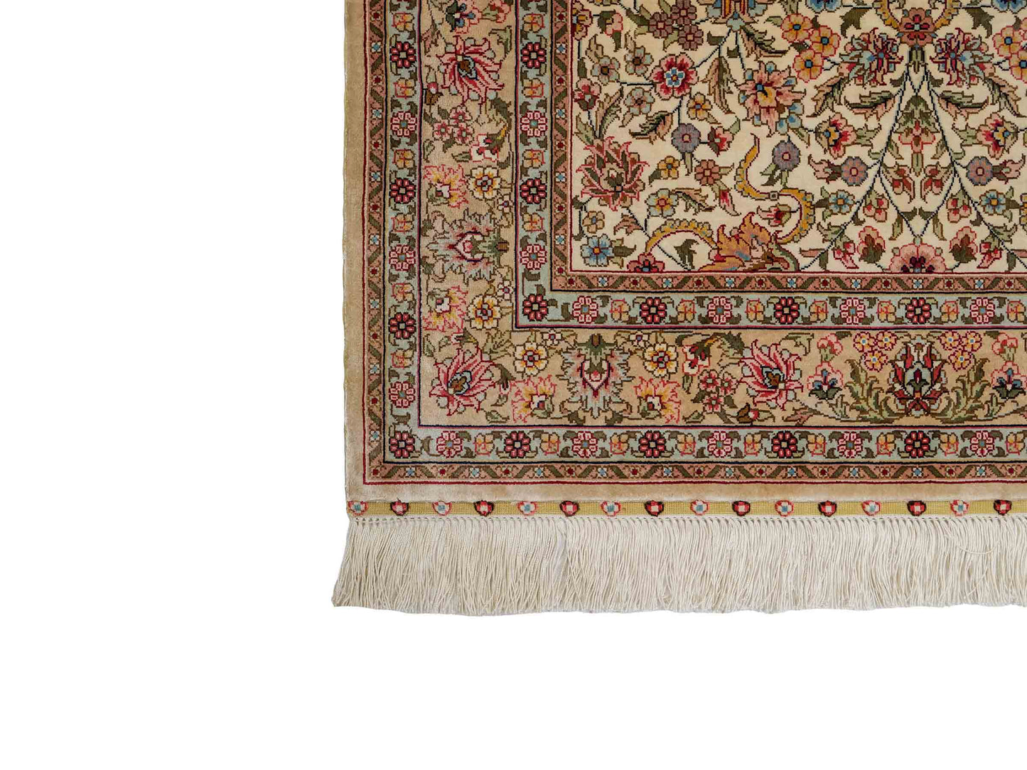 Sehr feiner, handgeknüpfter Khademi Orientteppich mit Hereke Design aus reiner Seide, beige, creme, weiß. 125x79 cm. Vertrieb durch Jupiter Intl.