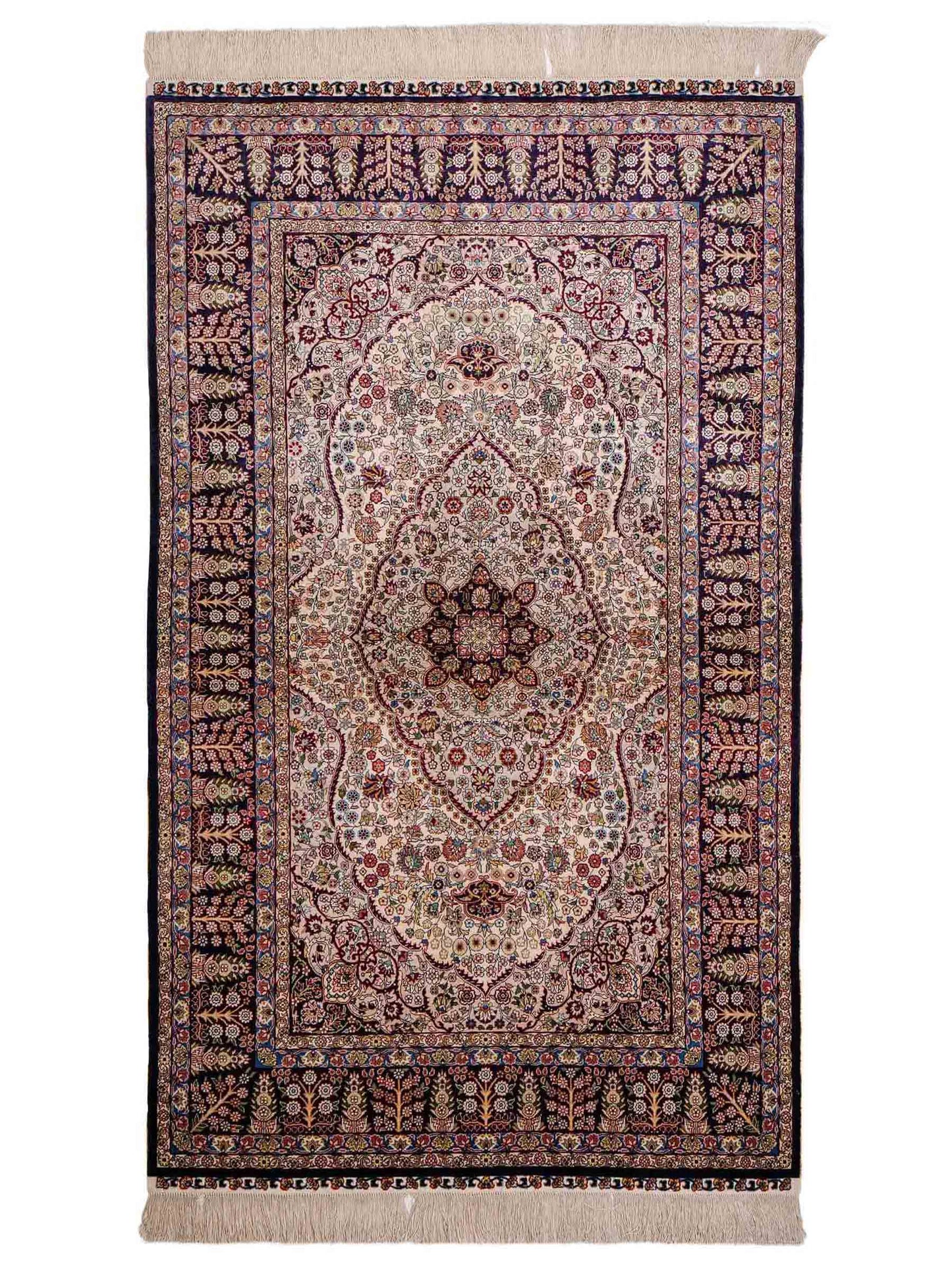 Sehr feiner, handgeknüpfter Khademi Hereke Orientteppich aus Seide, weiß, blau. 153x93 cm. Vertrieb durch Jupiter Intl.