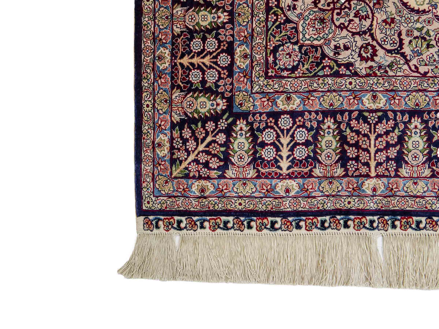 Sehr feiner, handgeknüpfter Khademi Hereke Orientteppich aus Seide, weiß, blau. 153x93 cm. Vertrieb durch Jupiter Intl.