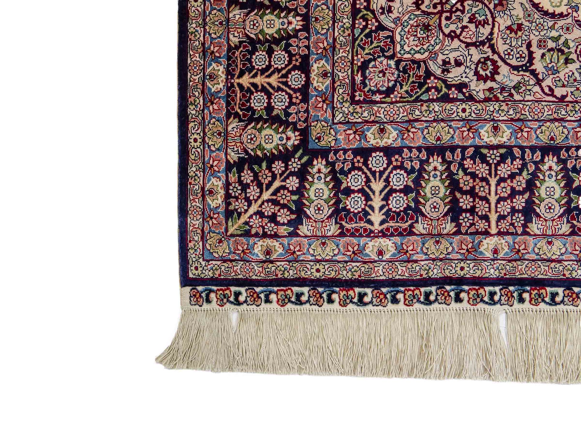 Sehr feiner, handgeknüpfter Khademi Hereke Orientteppich aus Seide, weiß, blau. 153x93 cm. Vertrieb durch Jupiter Intl.