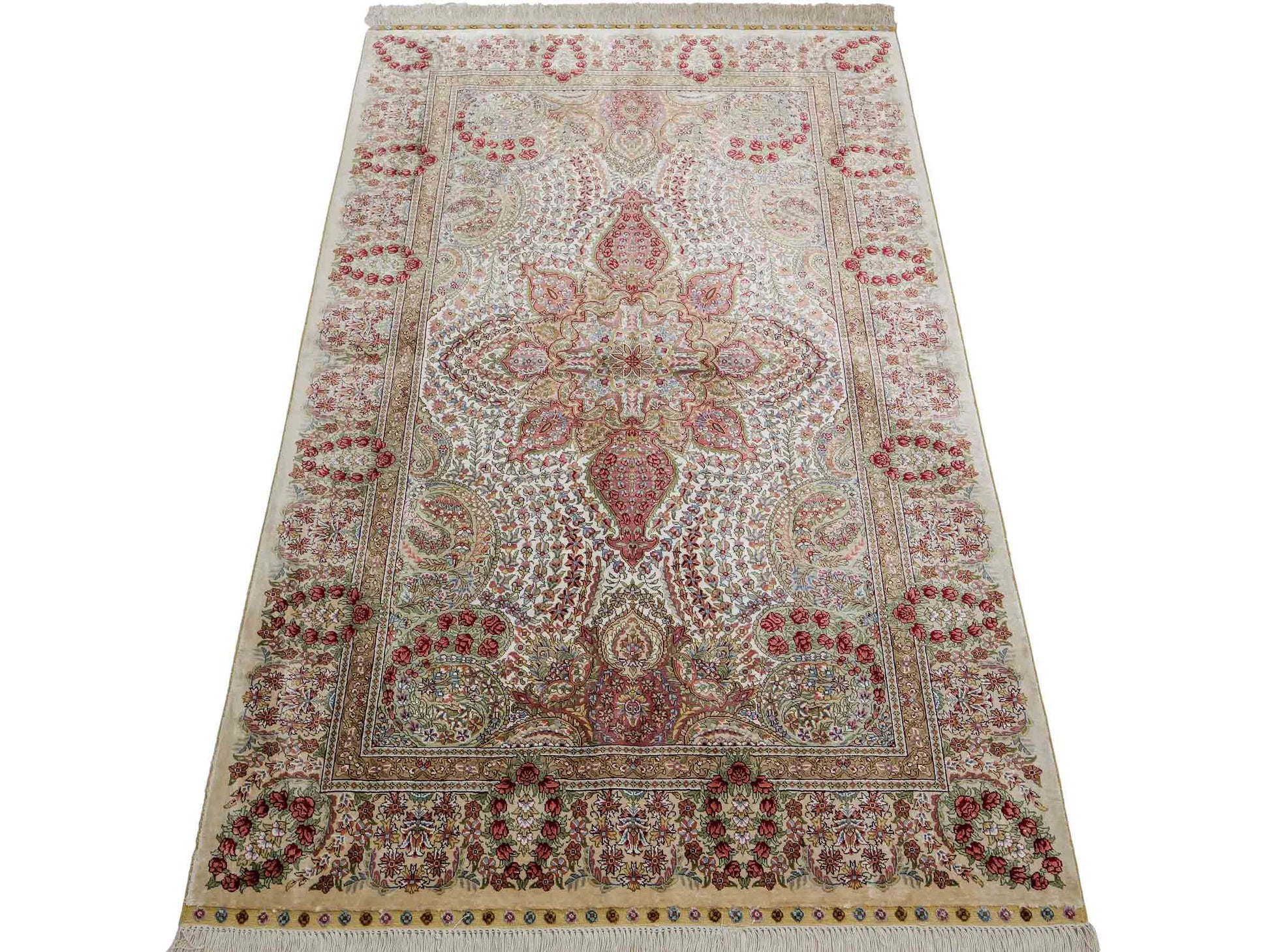 Sehr feiner, handgeknüpfter Khademi Hereke Orientteppich aus Seide, creme. 156x94 cm. Vertrieb durch Jupiter Intl.