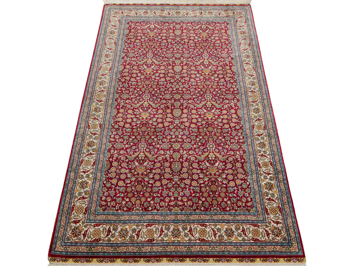 Sehr feiner, handgeknüpfter Khademi Hereke Orientteppich aus Seide, rot. 156x94 cm. Vertrieb durch Jupiter Intl.