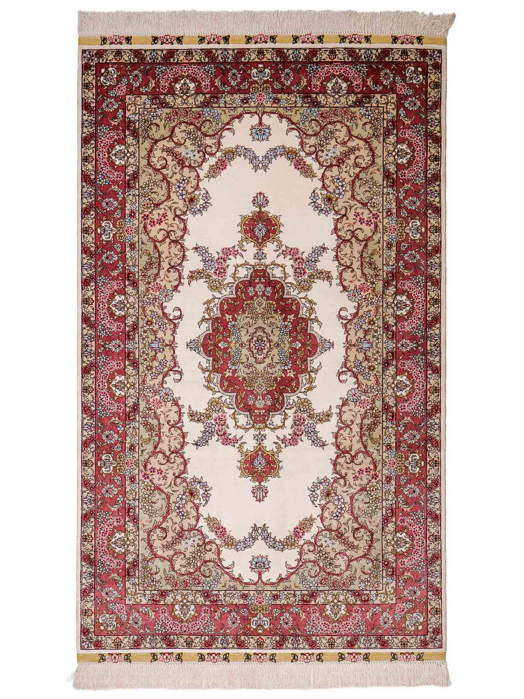 Sehr feiner, handgeknüpfter Khademi Orientteppich mit Hereke Design aus reiner Seide, weiß, creme, rosa. 156x94 cm. Vertrieb durch Jupiter Intl.