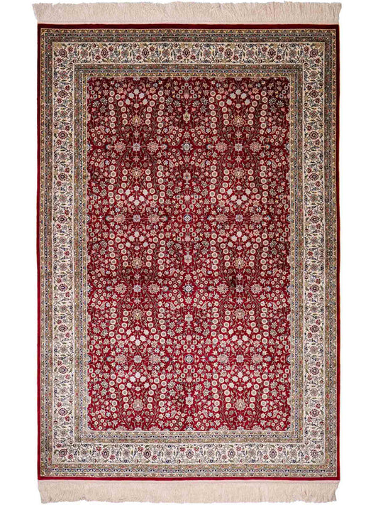 Sehr feiner, handgeknüpfter Khademi Orientteppich mit Hereke Design aus reiner Seide, rot, creme. 184x123 cm. Vertrieb durch Jupiter Intl.