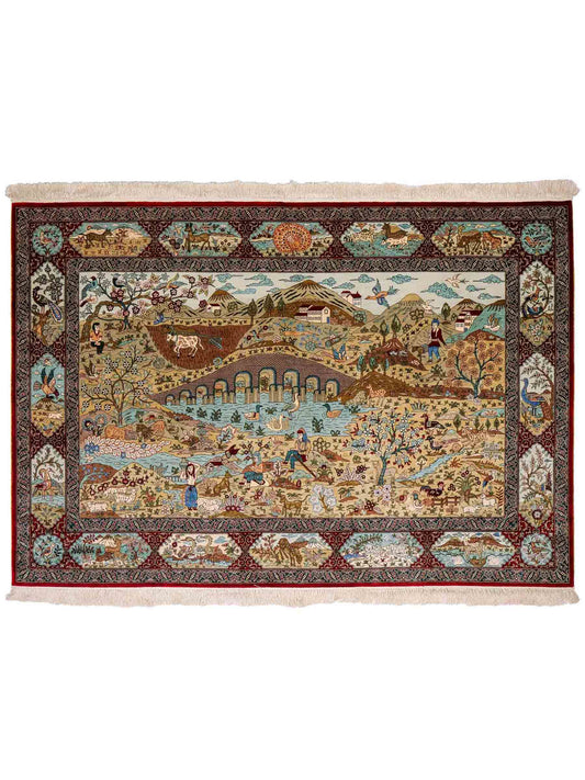 Sehr feiner, handgeknüpfter Khademi Orientteppich mit Hereke Design aus reiner Seide, rot, multicolor. 189x124 cm. Vertrieb durch Jupiter Intl.