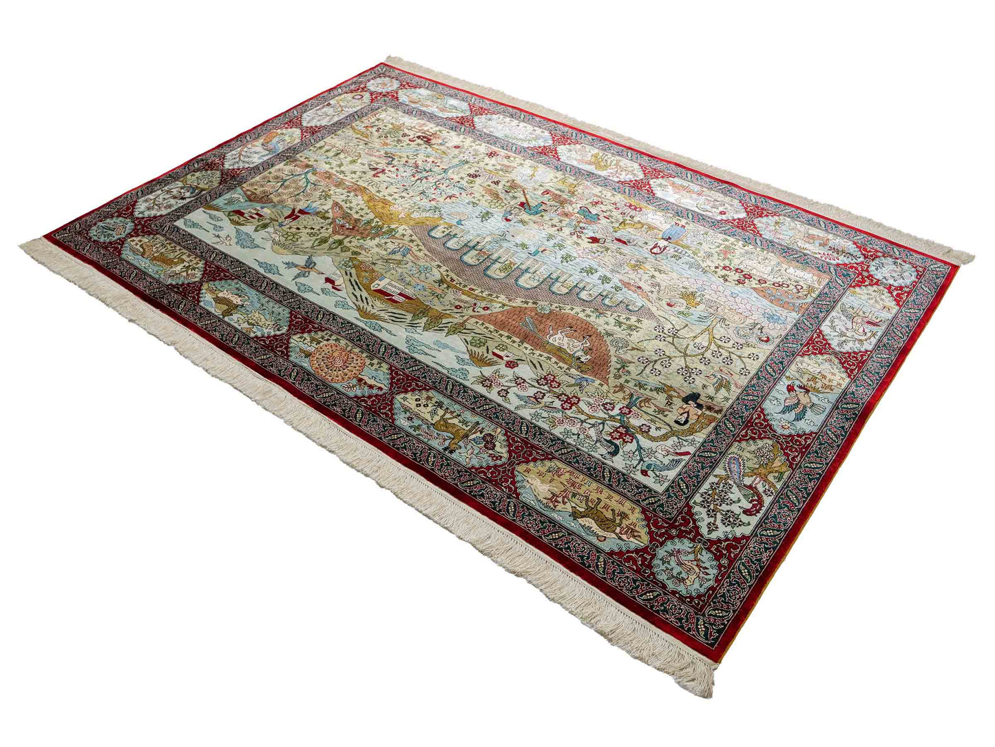 Sehr feiner, handgeknüpfter Khademi Orientteppich mit Hereke Design aus reiner Seide, rot, multicolor. 189x126 cm. Vertrieb durch Jupiter Intl.