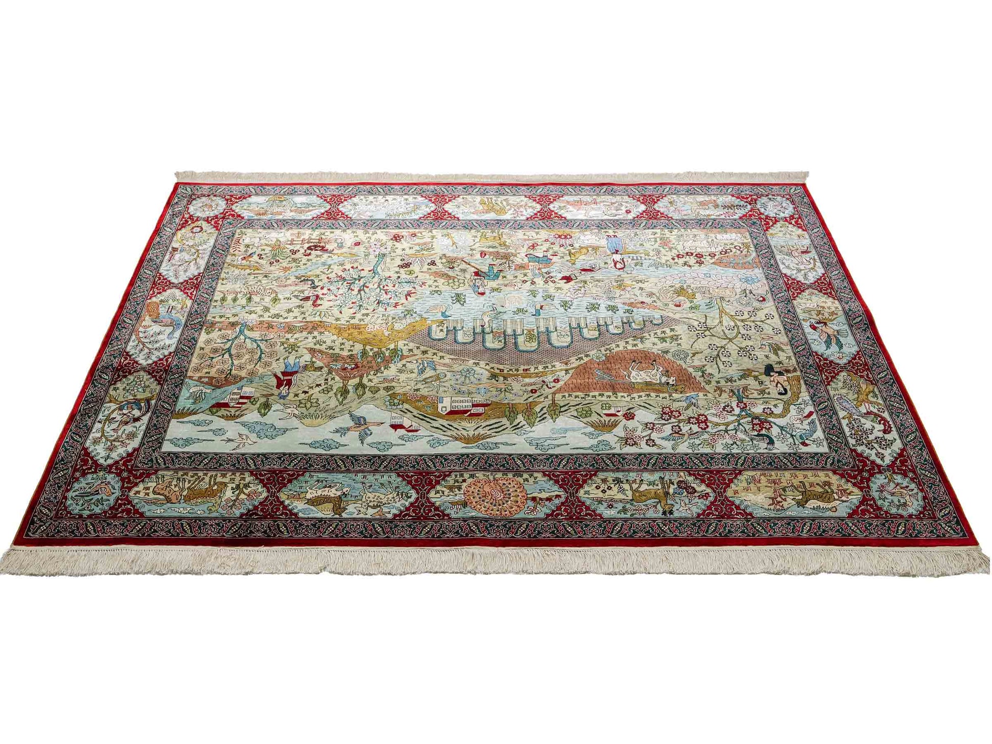 Sehr feiner, handgeknüpfter Khademi Orientteppich mit Hereke Design aus reiner Seide, rot, multicolor. 189x126 cm. Vertrieb durch Jupiter Intl.