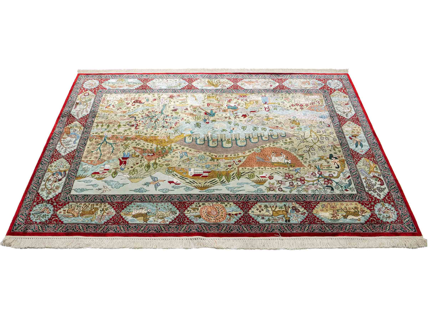 Sehr feiner, handgeknüpfter Khademi Orientteppich mit Hereke Design aus reiner Seide, rot, multicolor. 190x125 cm. Vertrieb durch Jupiter Intl.