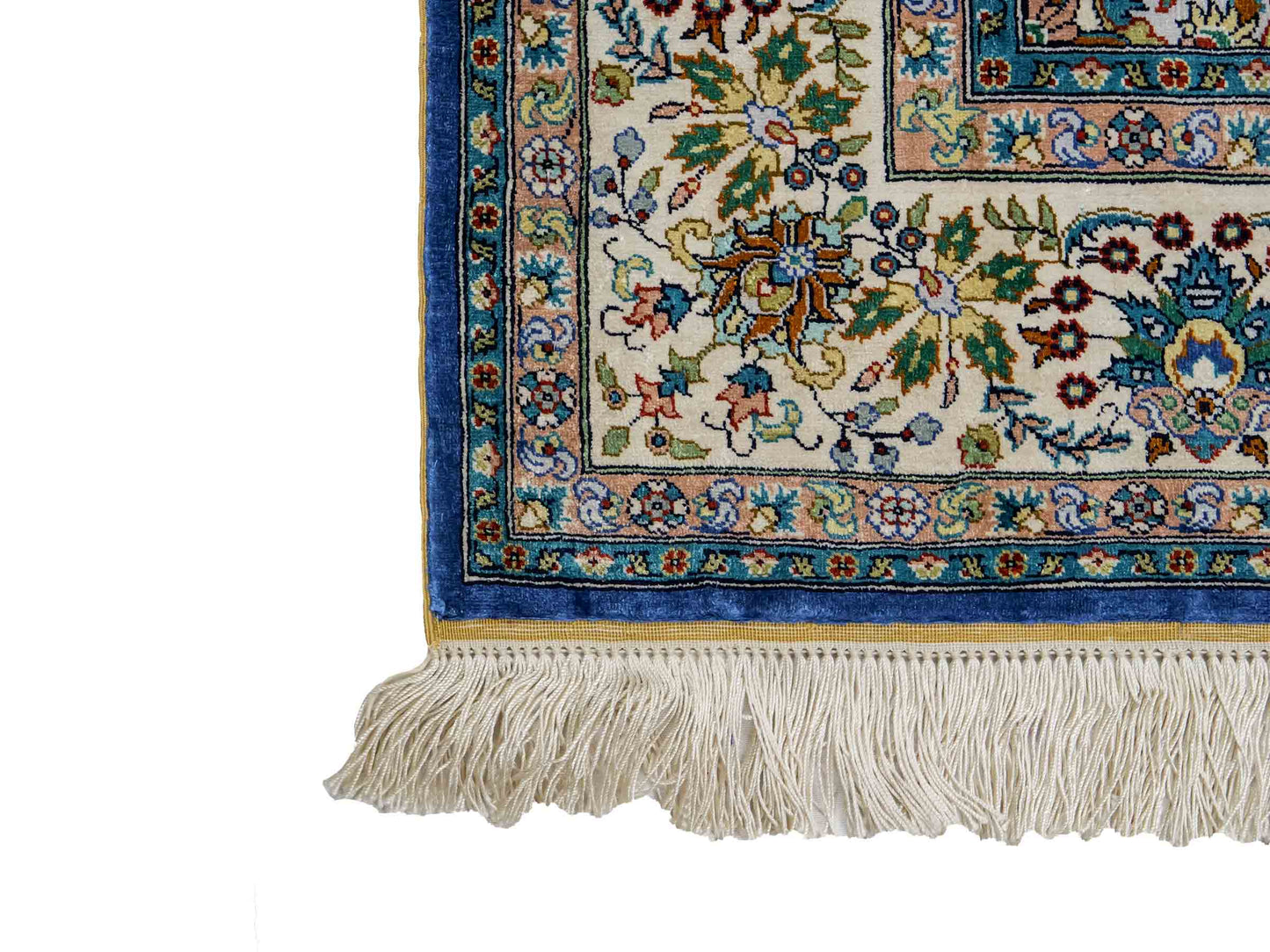 Sehr feiner, handgeknüpfter Khademi Orientteppich mit Hereke Design aus reiner Seide, blau, creme. 192x99 cm. Vertrieb durch Jupiter Intl.