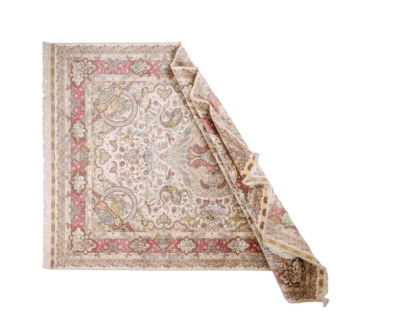 Sehr feiner, handgeknüpfter Khademi Orientteppich mit Hereke Design aus reiner Seide, creme, rosa, weiß. 276x189 cm. Vertrieb durch Jupiter Intl.