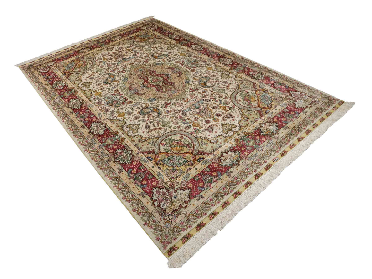 Sehr feiner, handgeknüpfter Khademi Orientteppich mit Hereke Design aus reiner Seide, creme, rosa, weiß. 278x189 cm. Vertrieb durch Jupiter Intl.