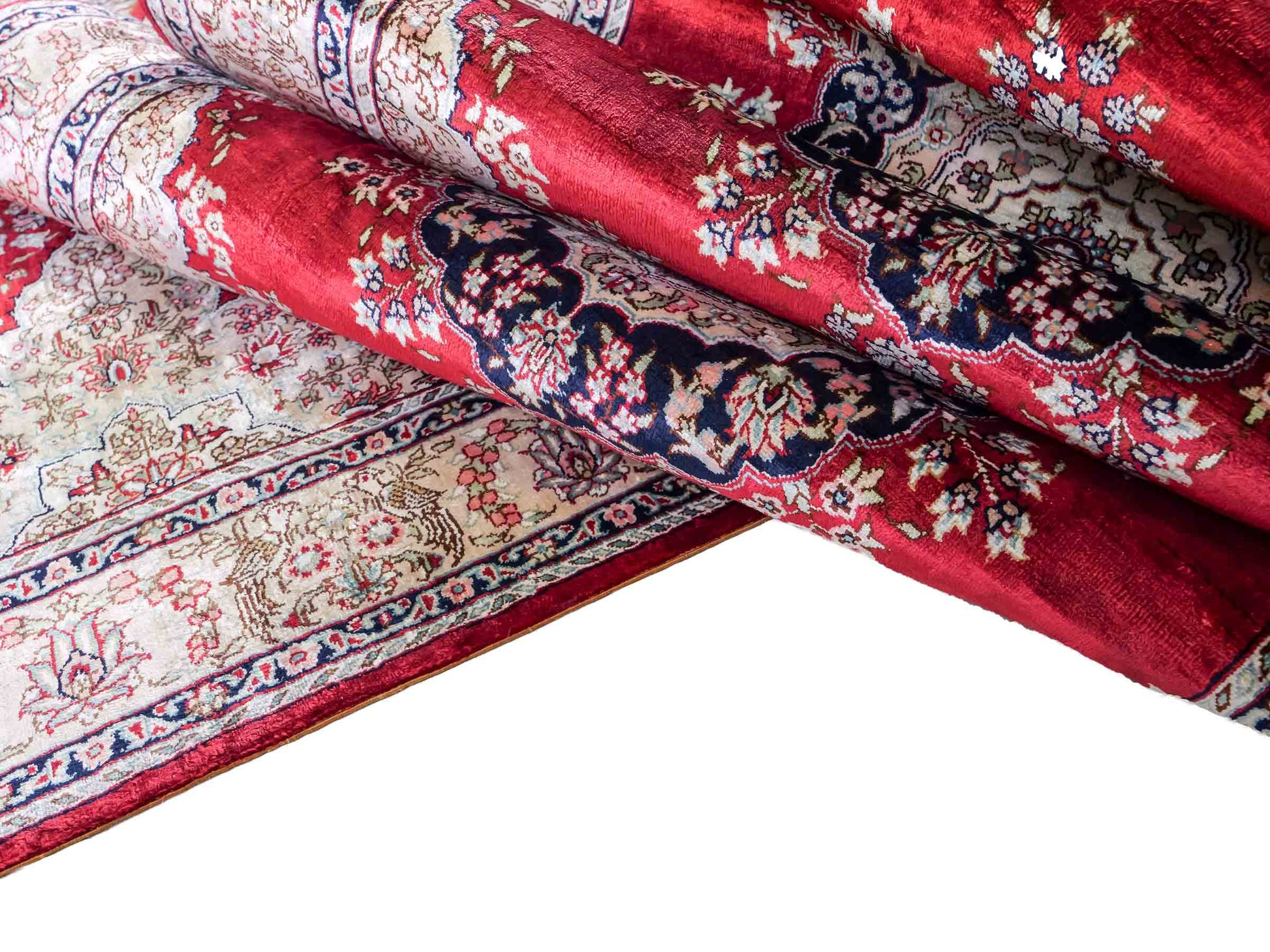 Sehr feiner, handgeknüpfter Khademi Orientteppich Läufer mit Hereke Design aus purer Seide, rot, creme. 306x79 cm. Vertrieb durch Jupiter Intl.