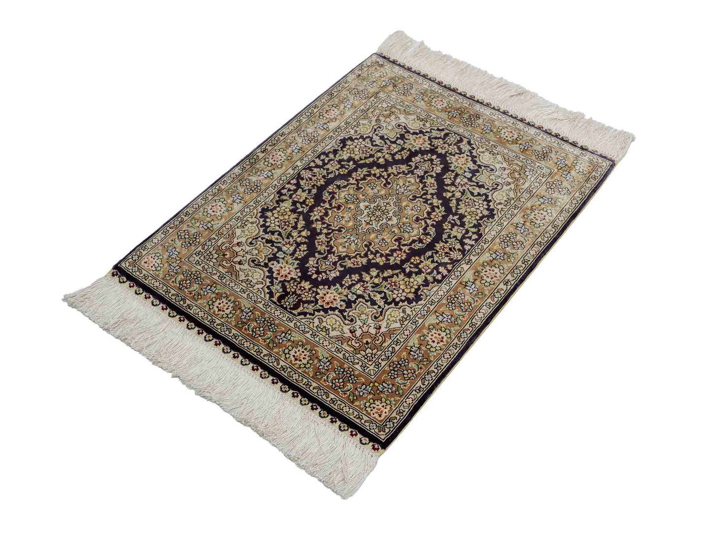 Sehr feiner, handgeknüpfter Khademi Orientteppich mit Hereke Design aus reiner Seide, blau, beige. 61x47 cm. Vertrieb durch Jupiter Intl.
