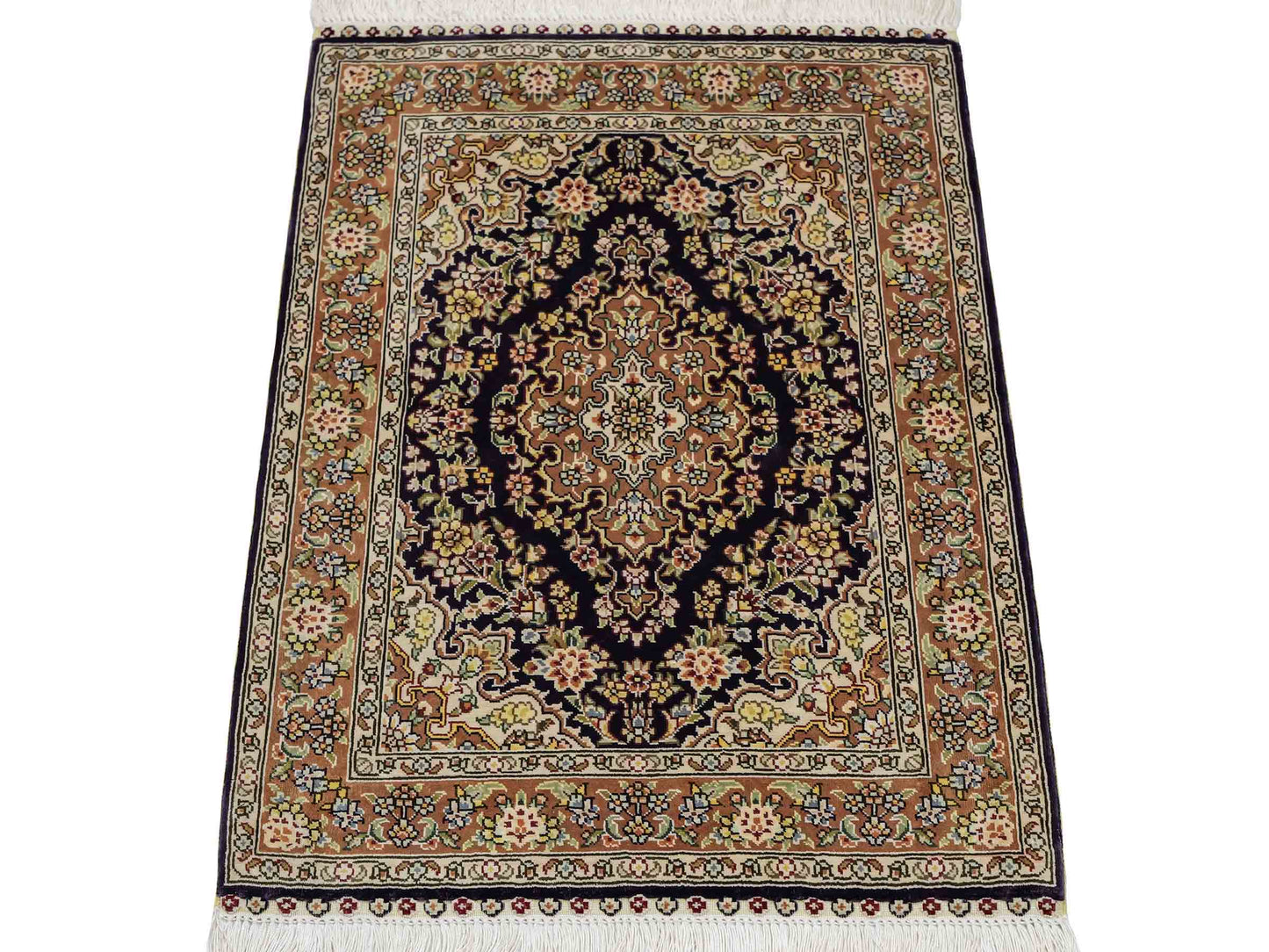 Sehr feiner, handgeknüpfter Khademi Orientteppich mit Hereke Design aus reiner Seide, blau, beige. 61x47 cm. Vertrieb durch Jupiter Intl.