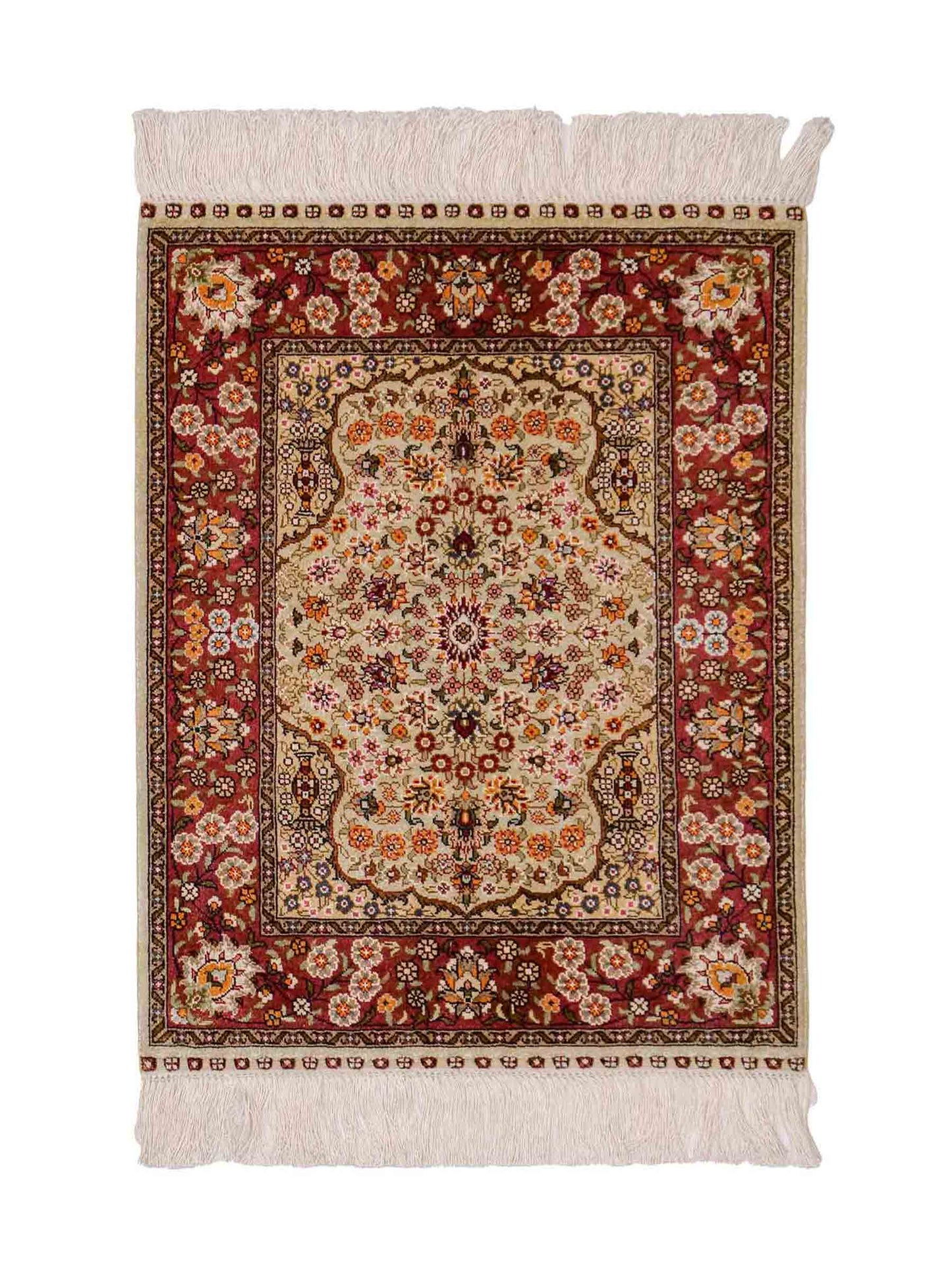 Sehr feiner, handgeknüpfter Khademi Orientteppich mit Hereke Design aus reiner Seide, oliv, rosa. 61x48 cm. Vertrieb durch Jupiter Intl.