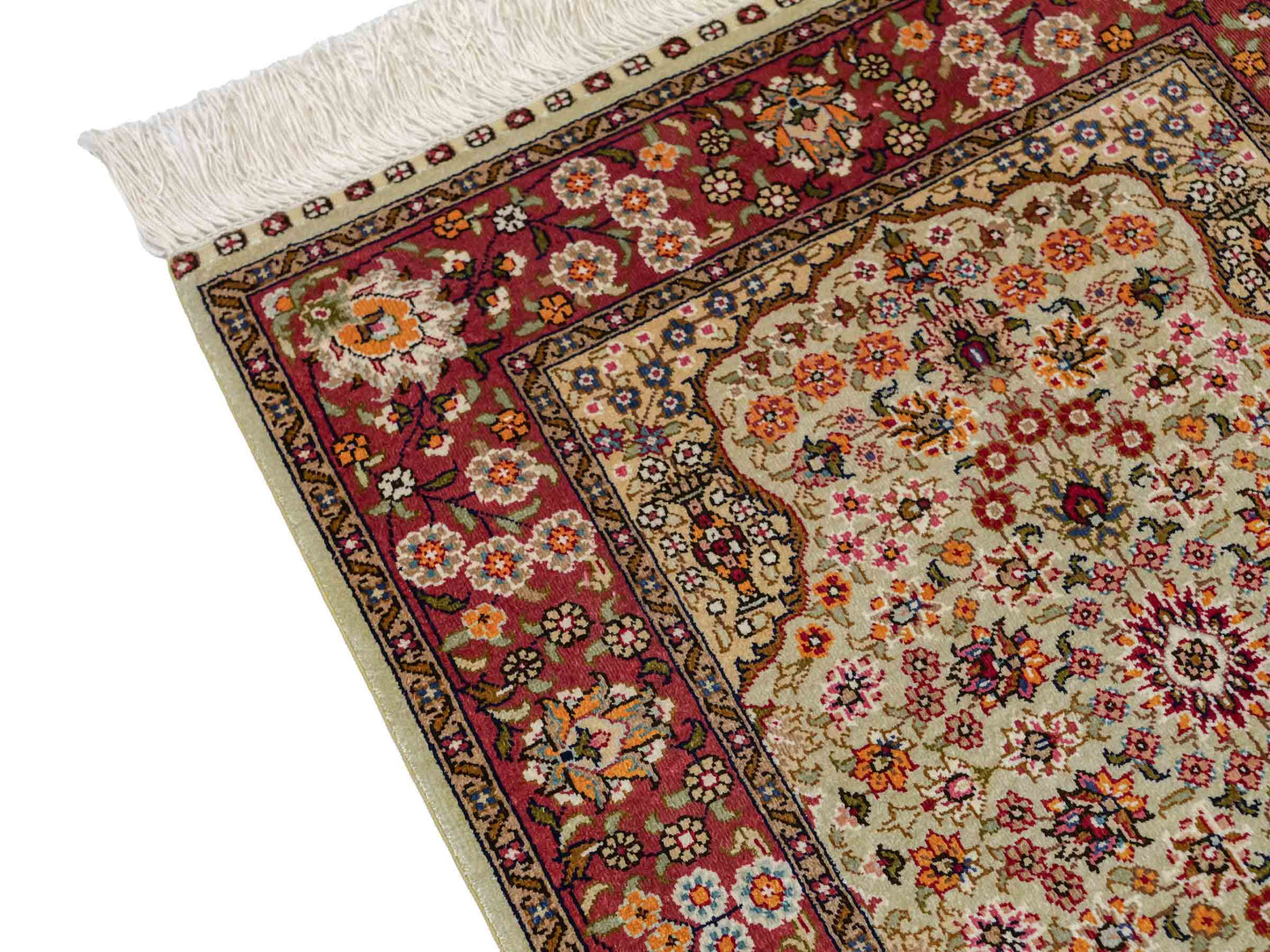 Sehr feiner, handgeknüpfter Khademi Orientteppich mit Hereke Design aus reiner Seide, oliv, rosa. 61x48 cm. Vertrieb durch Jupiter Intl.