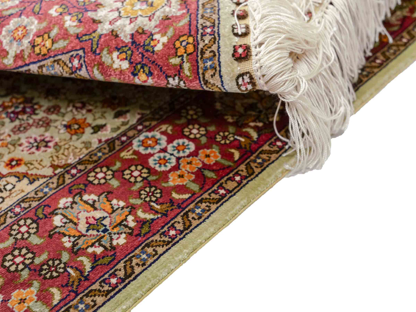Sehr feiner, handgeknüpfter Khademi Orientteppich mit Hereke Design aus reiner Seide, oliv, rosa. 61x48 cm. Vertrieb durch Jupiter Intl.