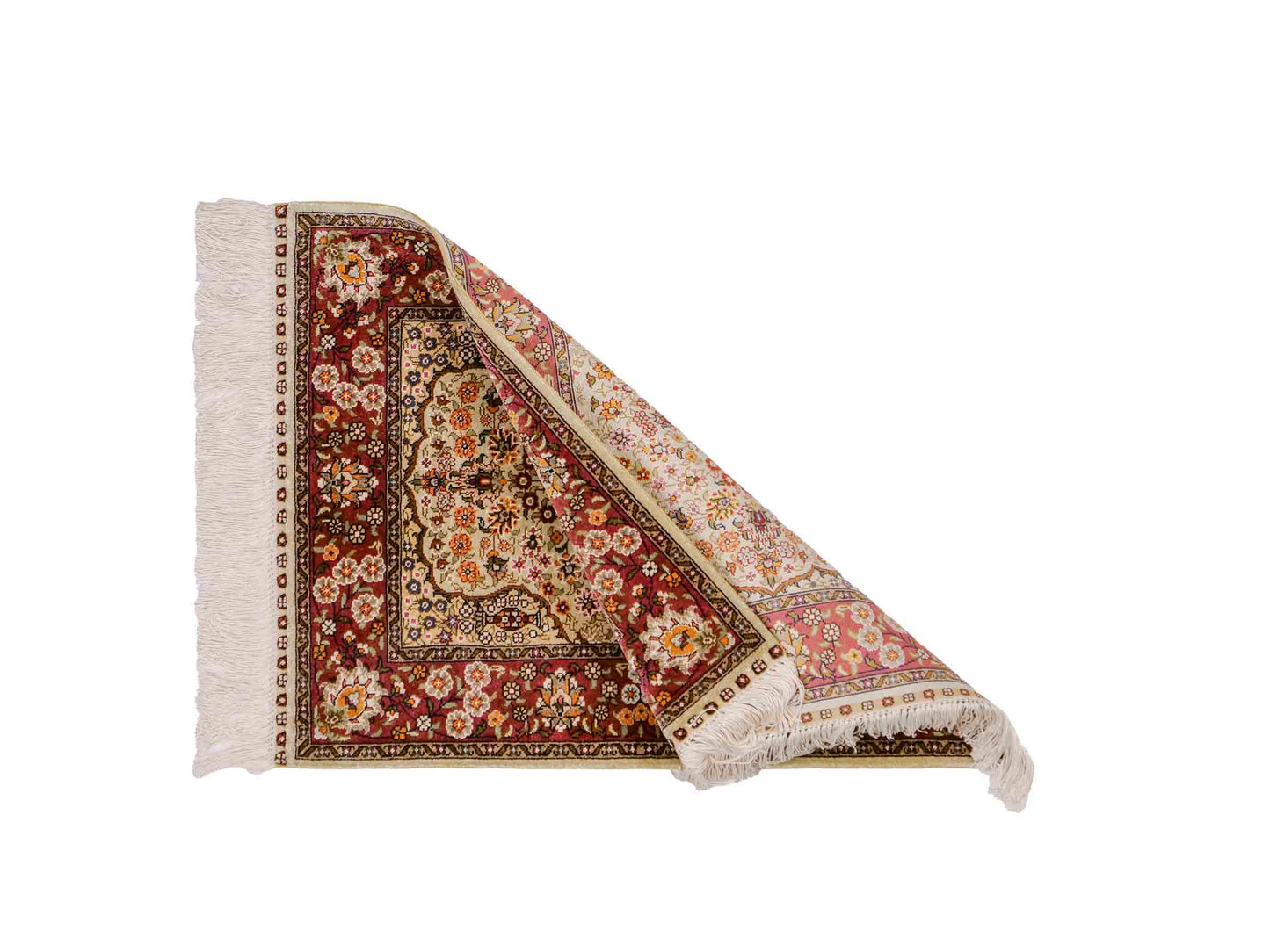 Sehr feiner, handgeknüpfter Khademi Orientteppich mit Hereke Design aus reiner Seide, oliv, rosa. 61x48 cm. Vertrieb durch Jupiter Intl.