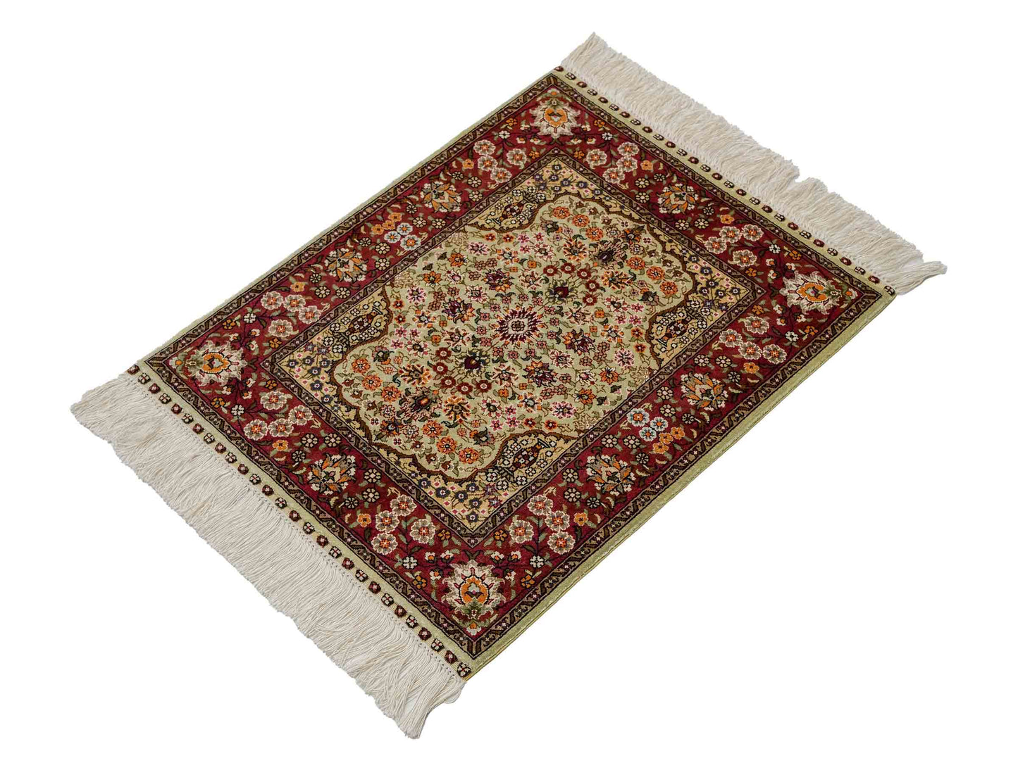 Sehr feiner, handgeknüpfter Khademi Orientteppich mit Hereke Design aus reiner Seide, oliv, rosa. 61x48 cm. Vertrieb durch Jupiter Intl.