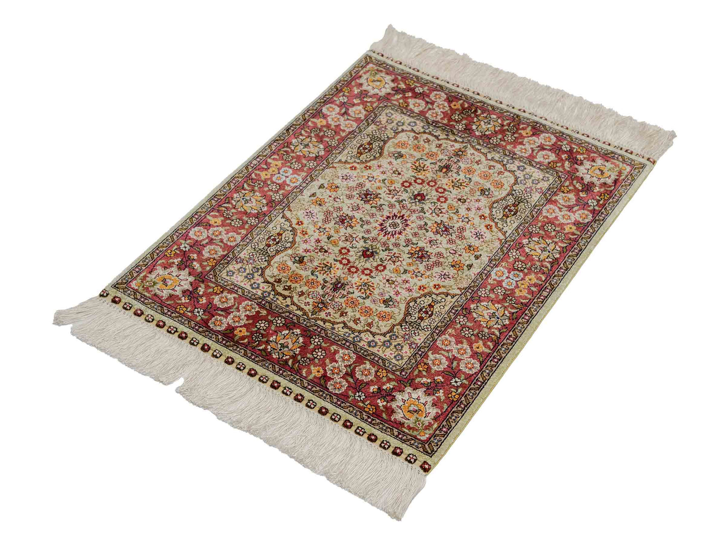 Sehr feiner, handgeknüpfter Khademi Orientteppich mit Hereke Design aus reiner Seide, oliv, rosa. 61x48 cm. Vertrieb durch Jupiter Intl.
