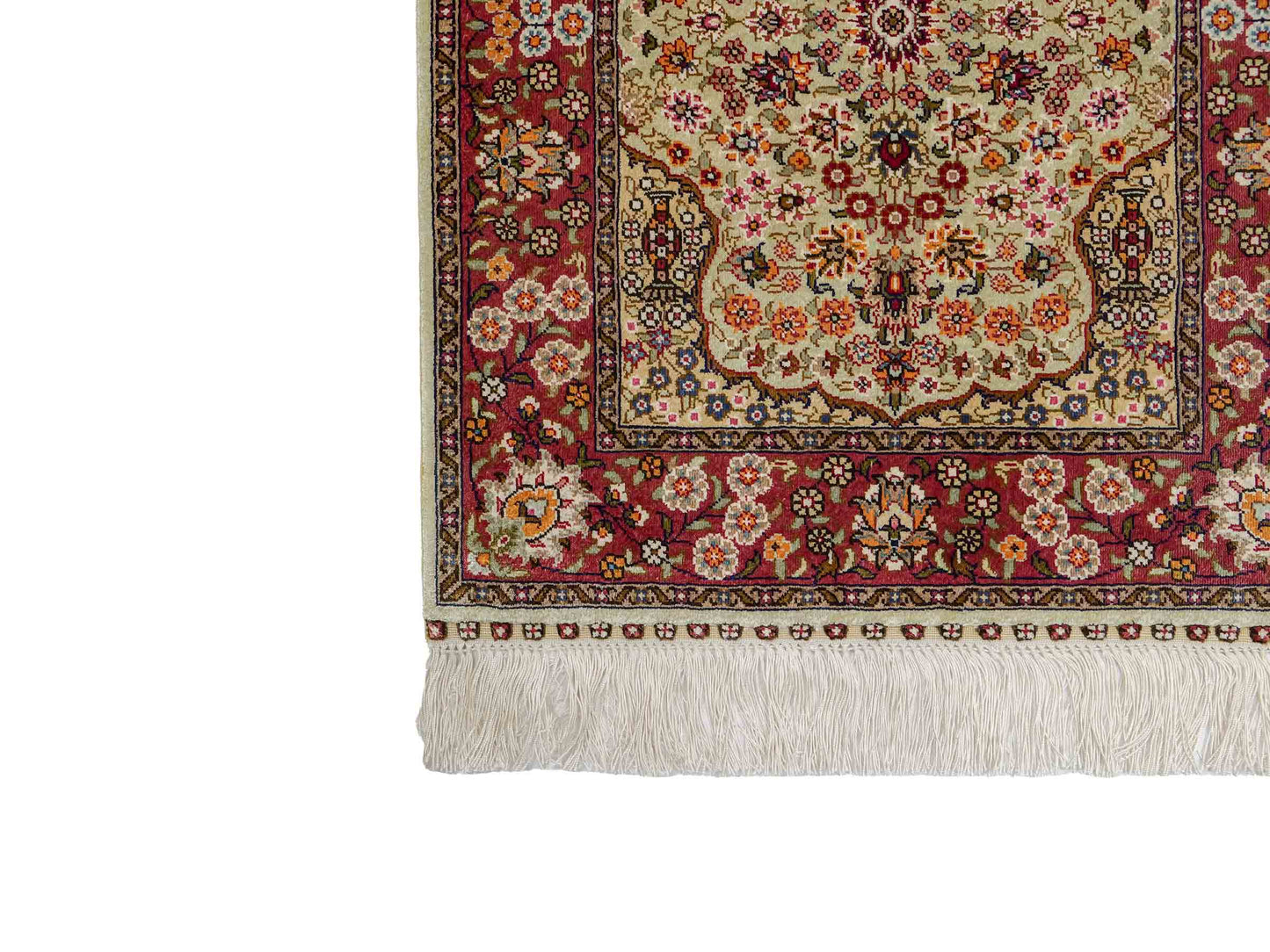 Sehr feiner, handgeknüpfter Khademi Orientteppich mit Hereke Design aus reiner Seide, oliv, rosa. 61x48 cm. Vertrieb durch Jupiter Intl.