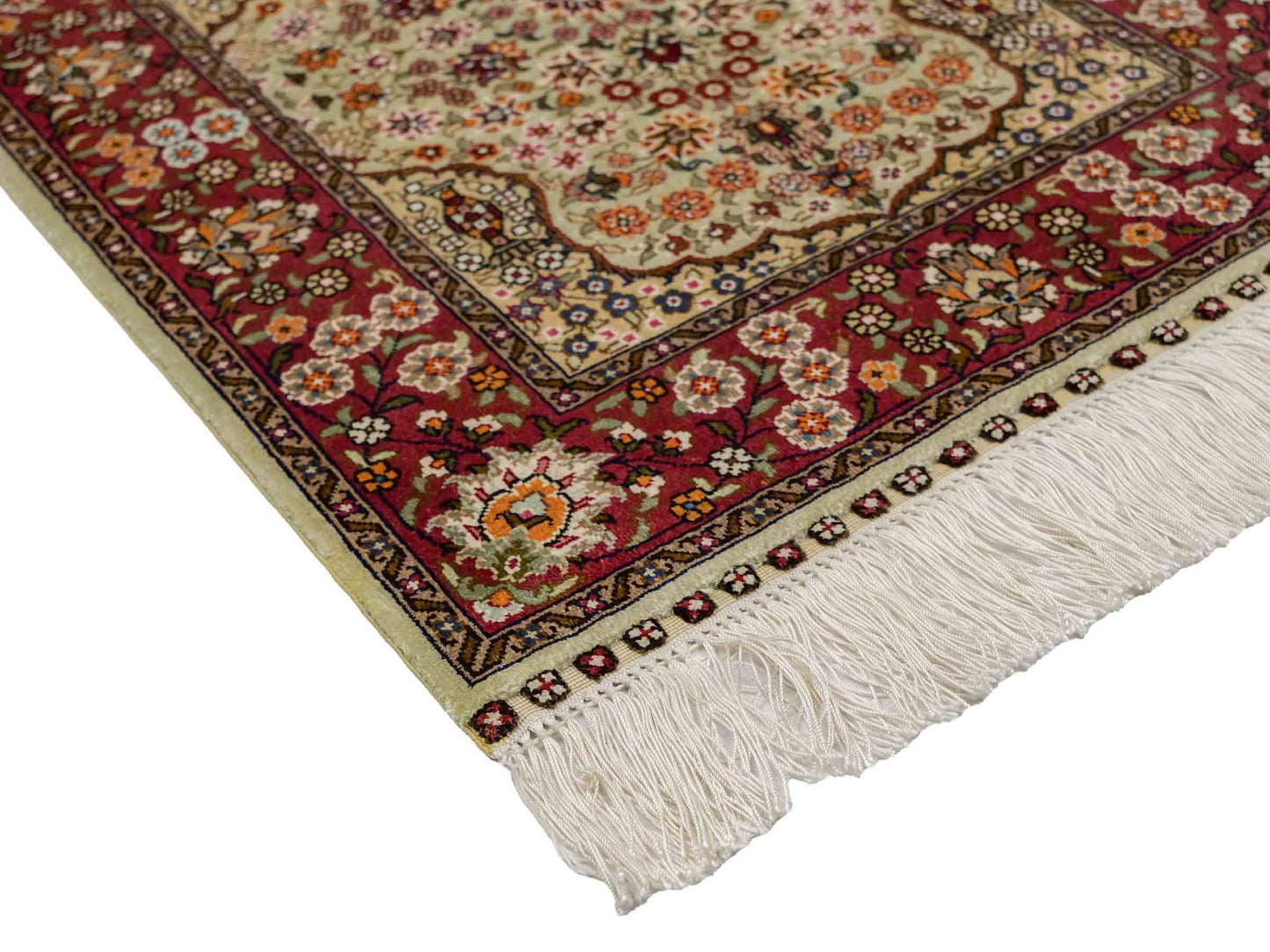 Sehr feiner, handgeknüpfter Khademi Orientteppich mit Hereke Design aus reiner Seide, oliv, rosa. 61x48 cm. Vertrieb durch Jupiter Intl.