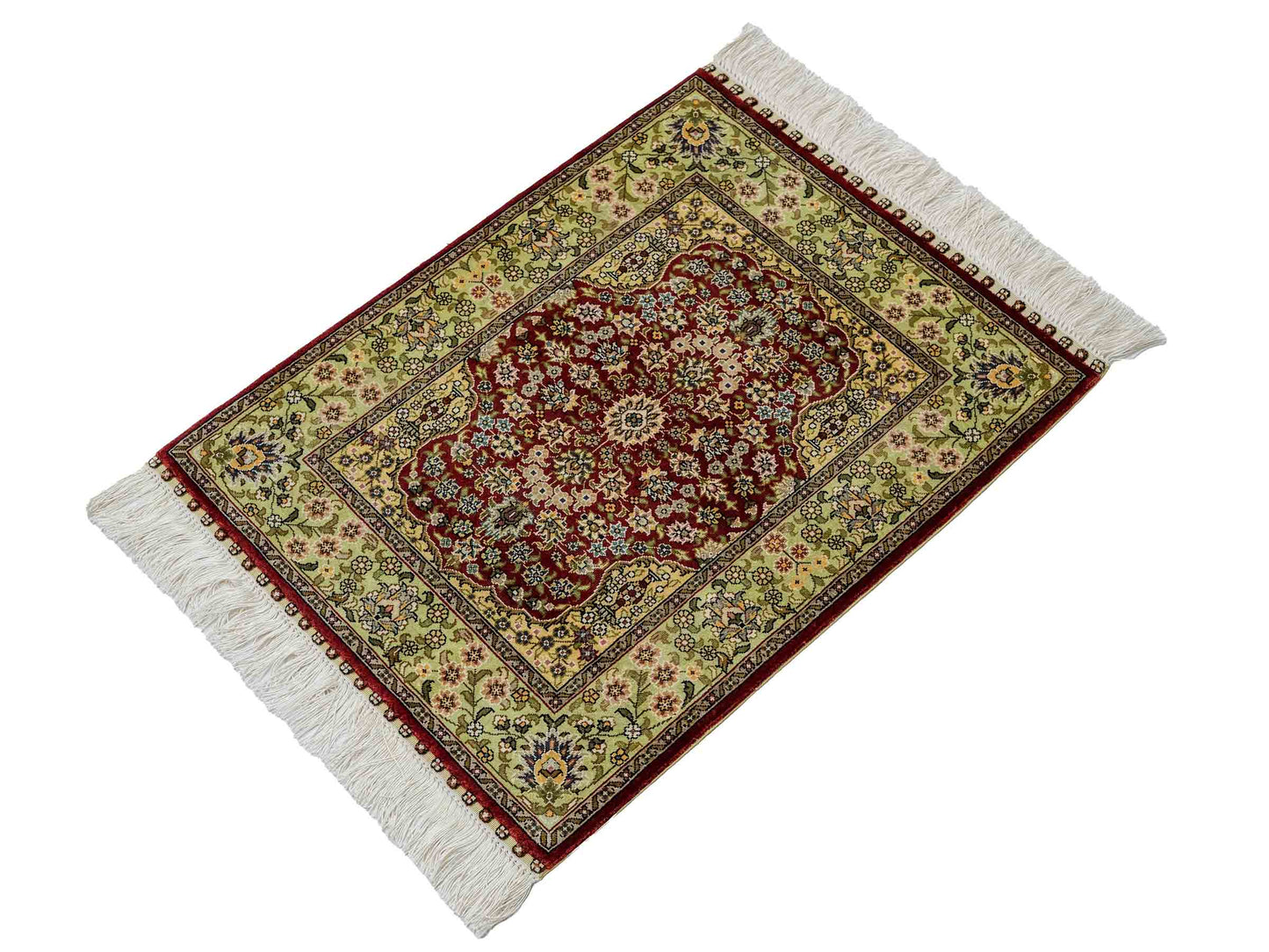 Sehr feiner, handgeknüpfter Khademi Orientteppich mit Hereke Design aus reiner Seide, rot, grün. 62x47 cm. Vertrieb durch Jupiter Intl.