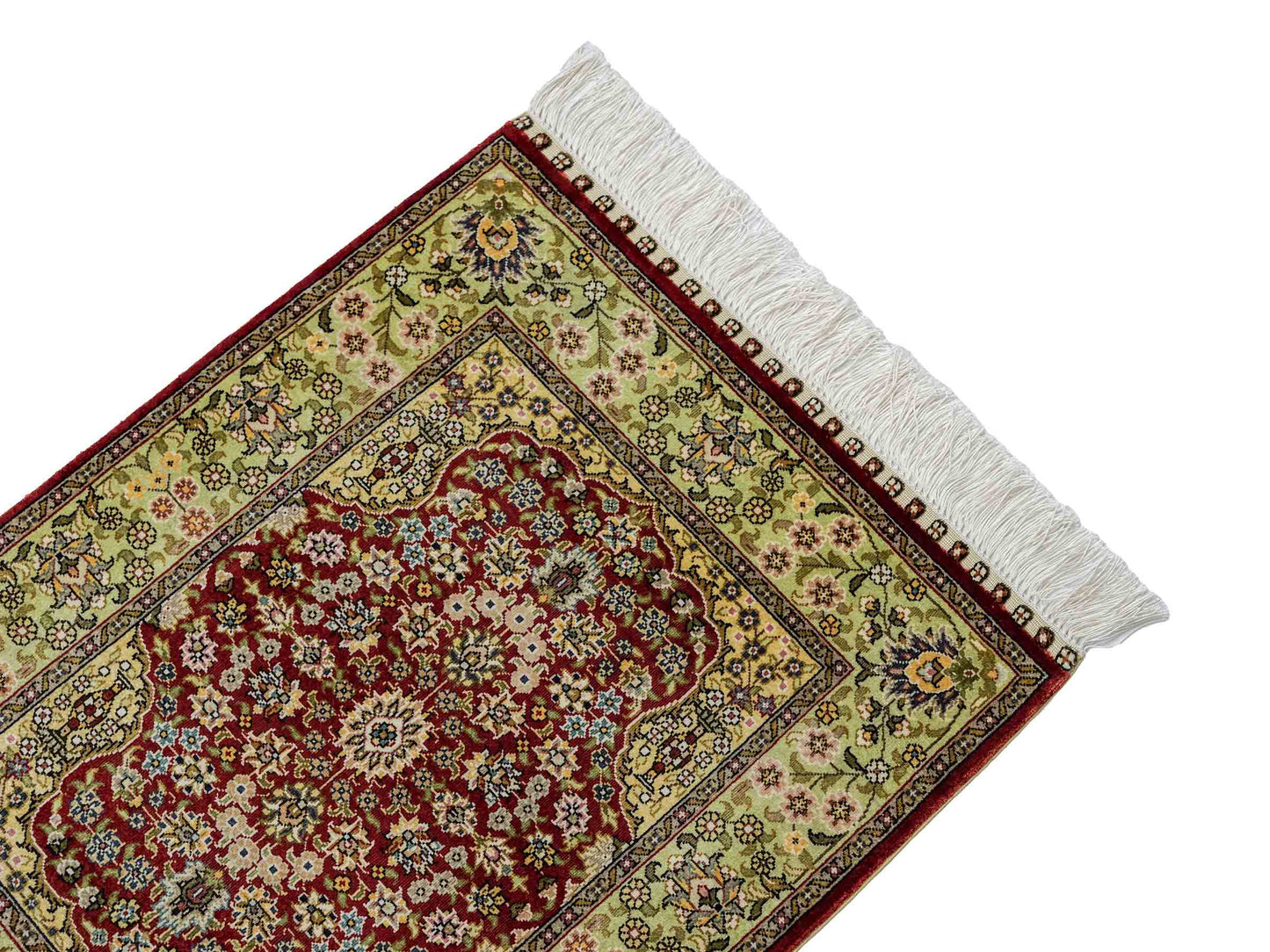Sehr feiner, handgeknüpfter Khademi Orientteppich mit Hereke Design aus reiner Seide, rot, grün. 62x47 cm. Vertrieb durch Jupiter Intl.