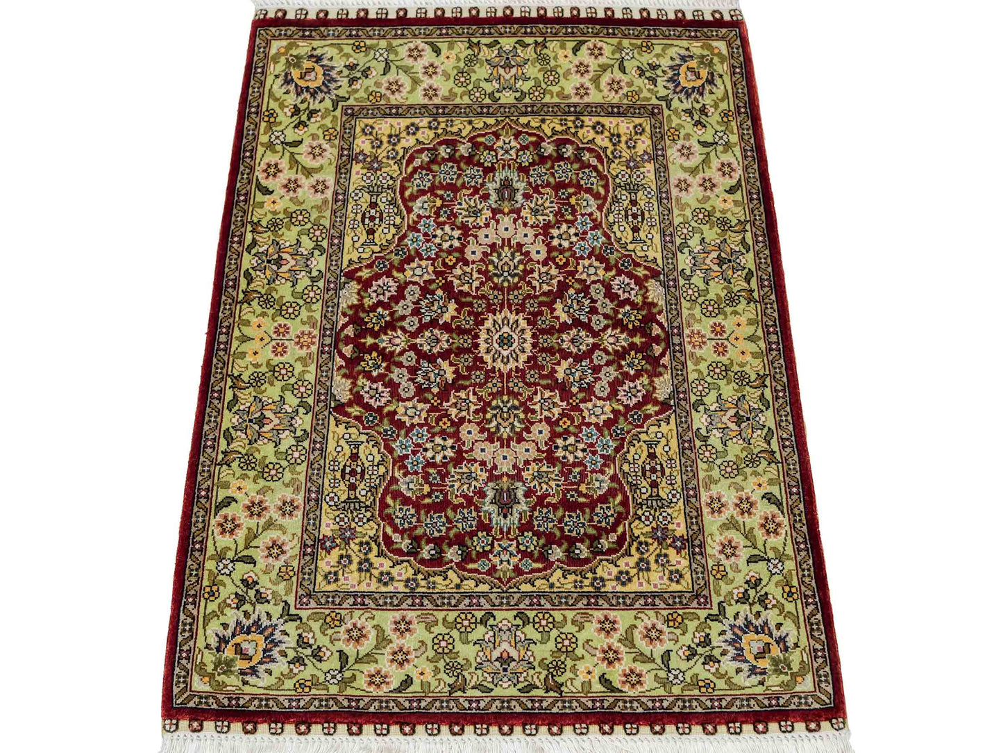 Sehr feiner, handgeknüpfter Khademi Orientteppich mit Hereke Design aus reiner Seide, rot, grün. 62x47 cm. Vertrieb durch Jupiter Intl.