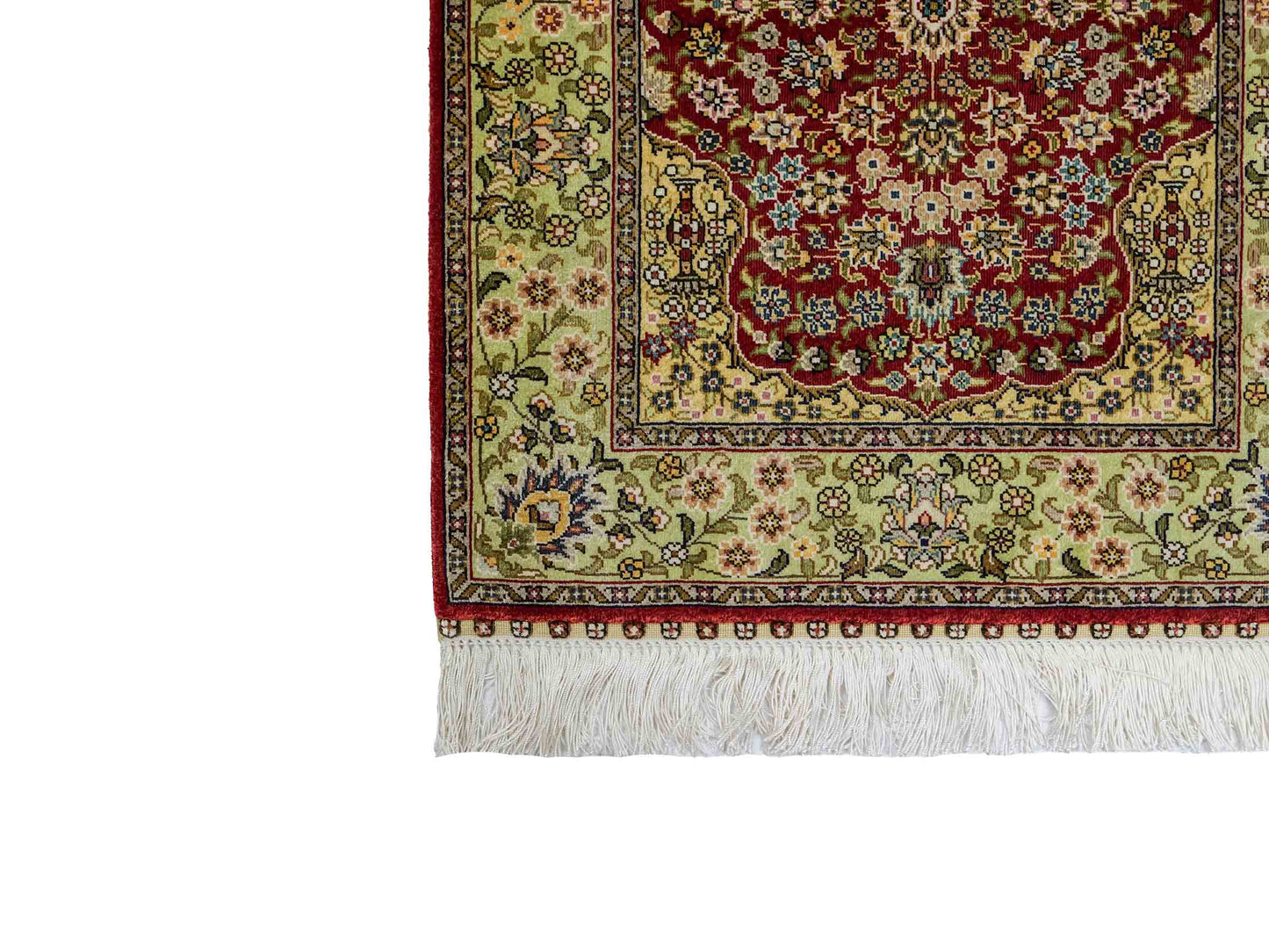 Sehr feiner, handgeknüpfter Khademi Orientteppich mit Hereke Design aus reiner Seide, rot, grün. 62x47 cm. Vertrieb durch Jupiter Intl.