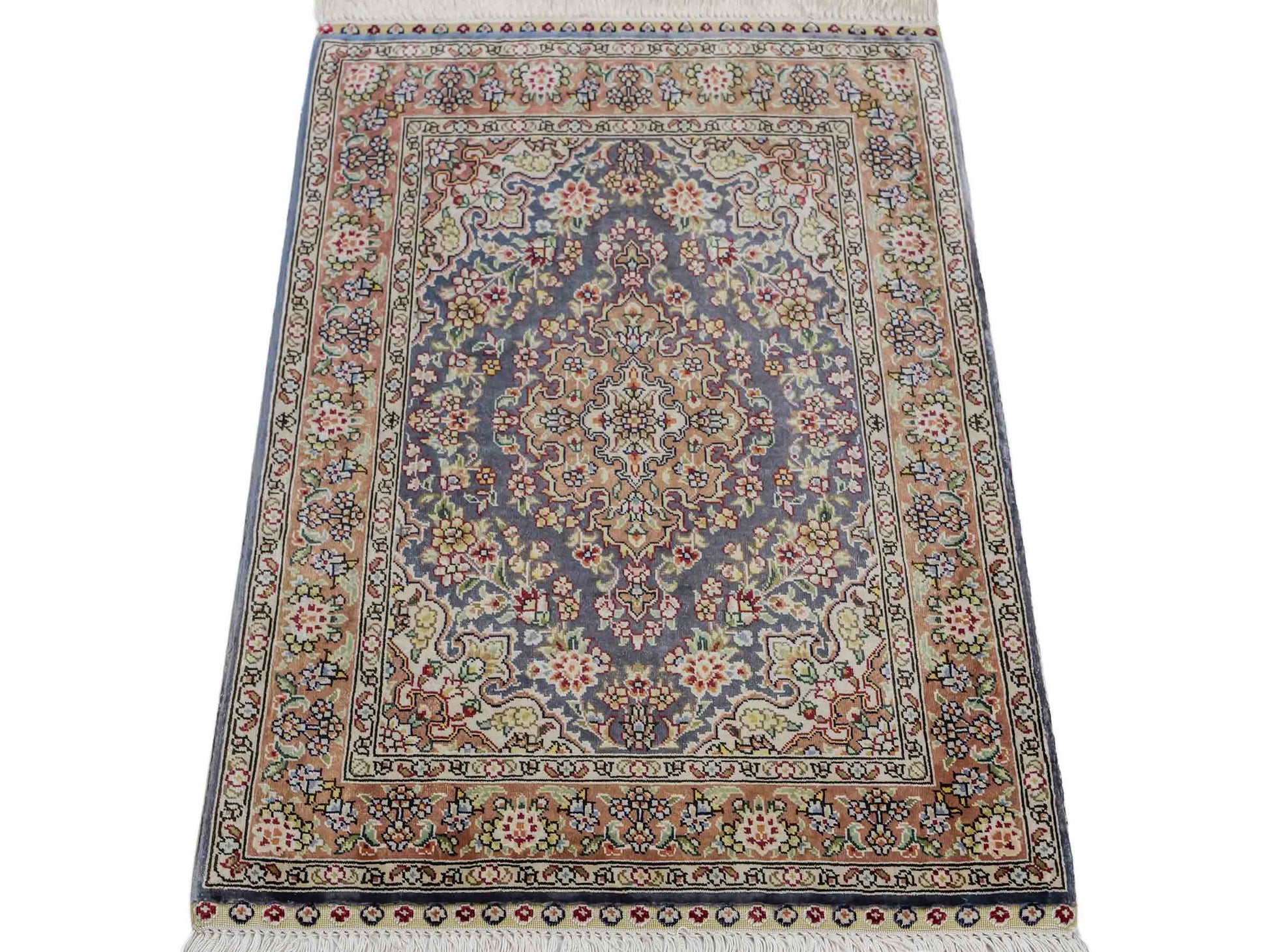 Sehr feiner, handgeknüpfter Khademi Orientteppich mit Hereke Design aus reiner Seide, blau, braun. 62x47 cm. Vertrieb durch Jupiter Intl.