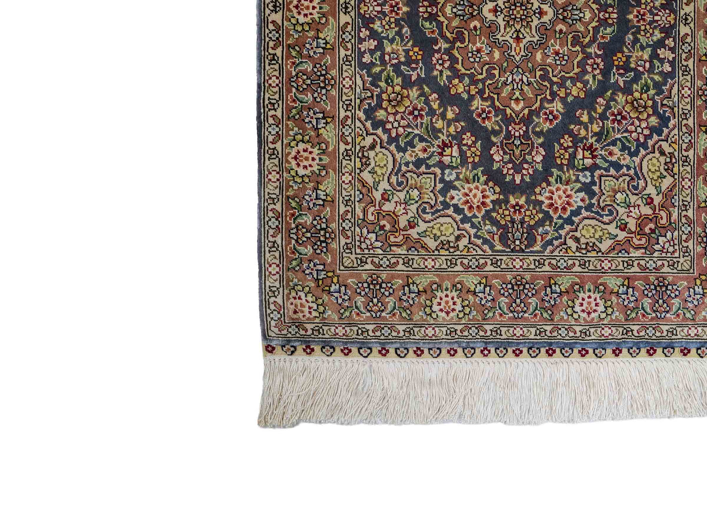 Sehr feiner, handgeknüpfter Khademi Orientteppich mit Hereke Design aus reiner Seide, blau, braun. 62x47 cm. Vertrieb durch Jupiter Intl.
