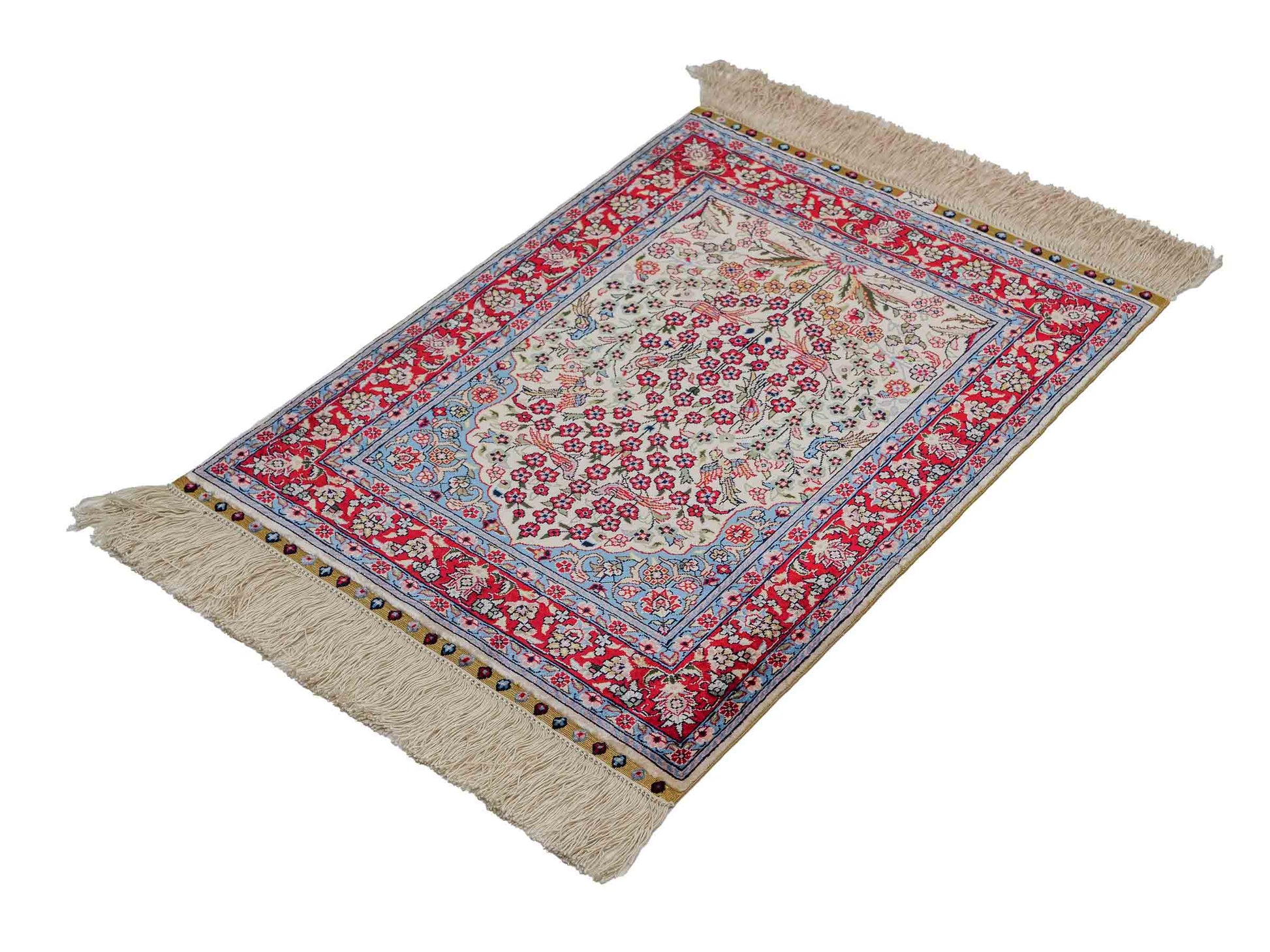 Sehr feiner, handgeknüpfter Khademi Orientteppich mit Hereke Design aus reiner Seide, creme, weiß, rot, blau. 63x47 cm. Vertrieb durch Jupiter Intl.