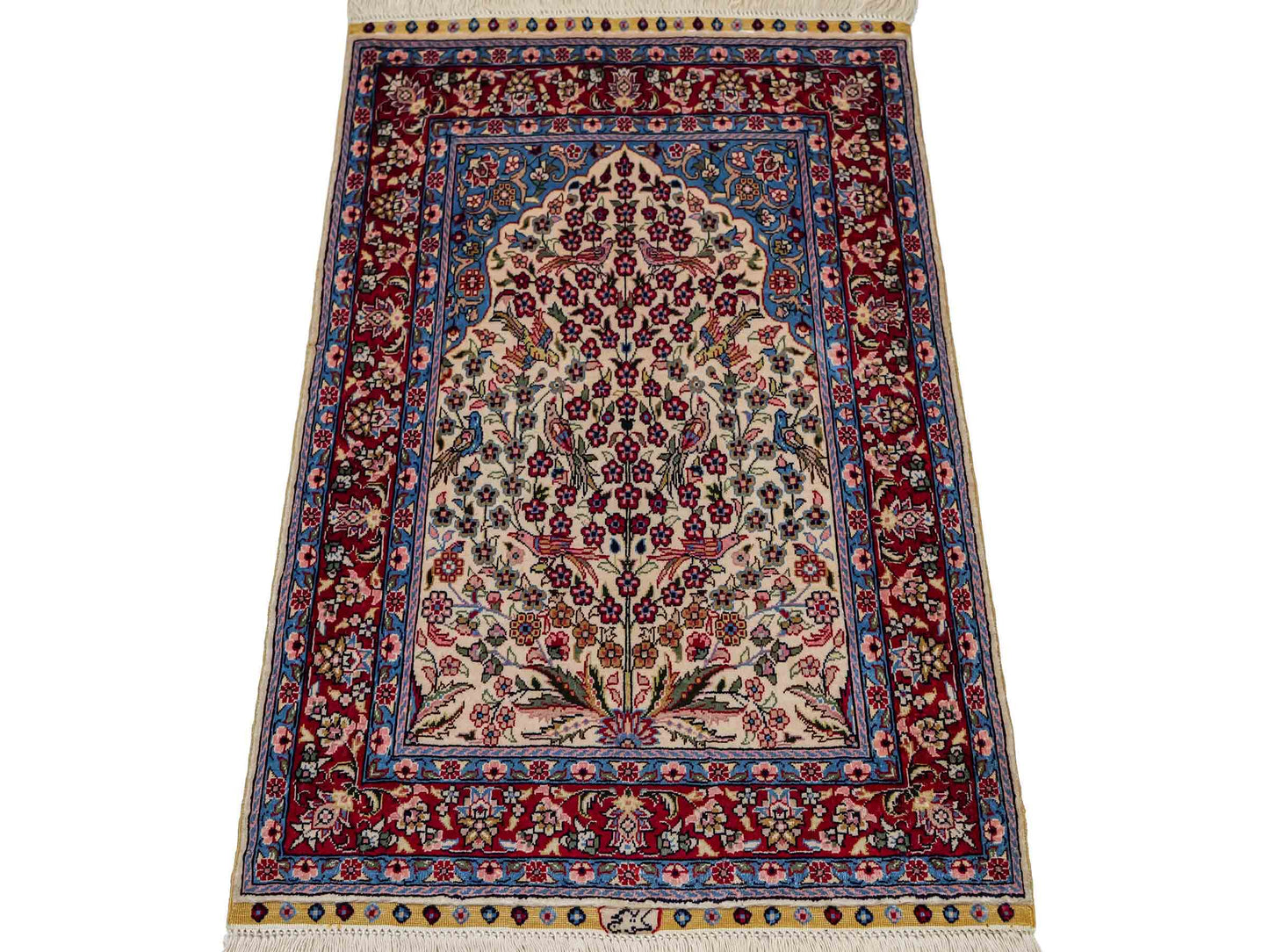 Sehr feiner, handgeknüpfter Khademi Orientteppich mit Hereke Design aus reiner Seide, creme, weiß, rot, blau. 63x47 cm. Vertrieb durch Jupiter Intl.