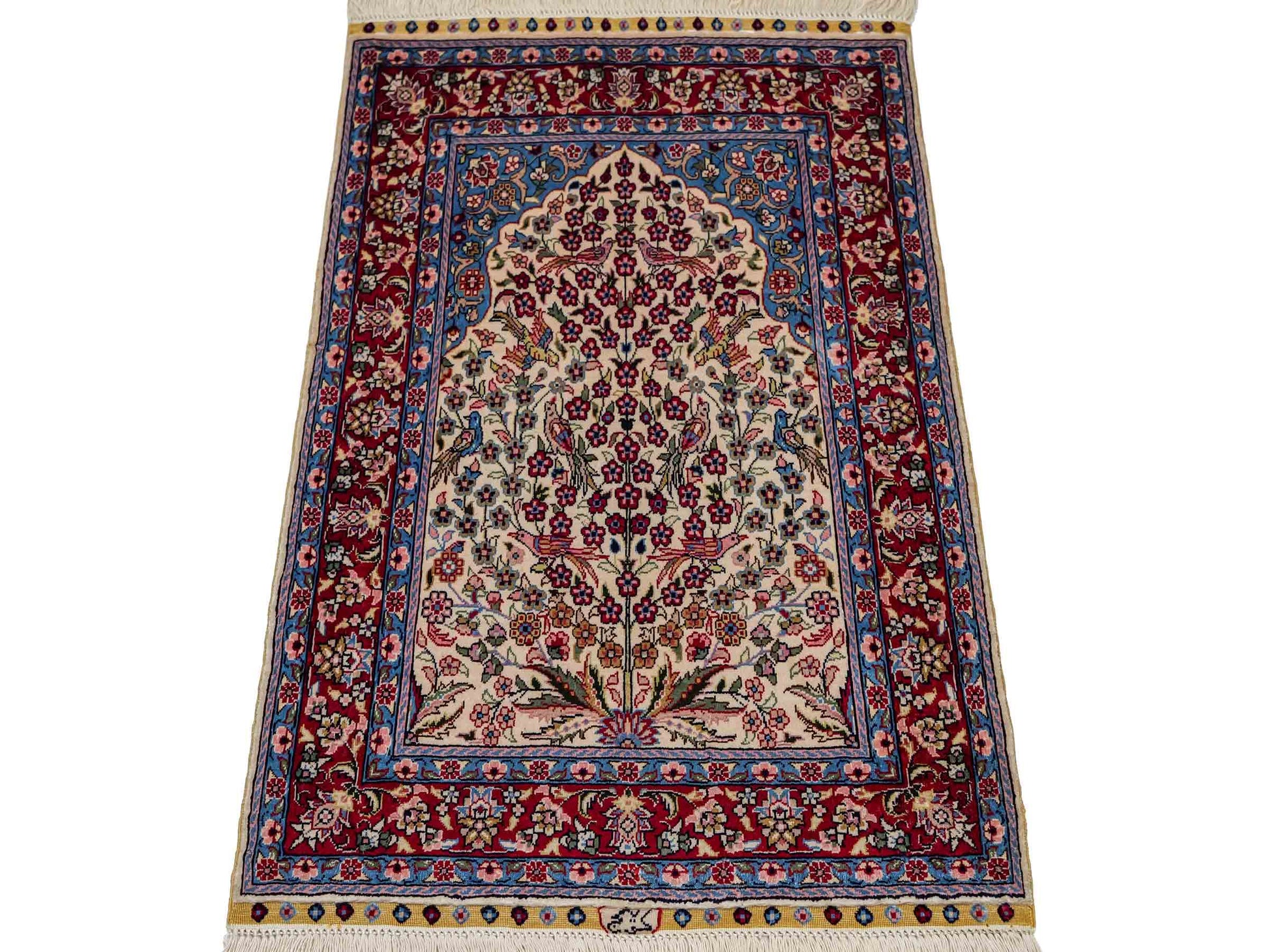 Sehr feiner, handgeknüpfter Khademi Orientteppich mit Hereke Design aus reiner Seide, creme, weiß, rot, blau. 63x47 cm. Vertrieb durch Jupiter Intl.