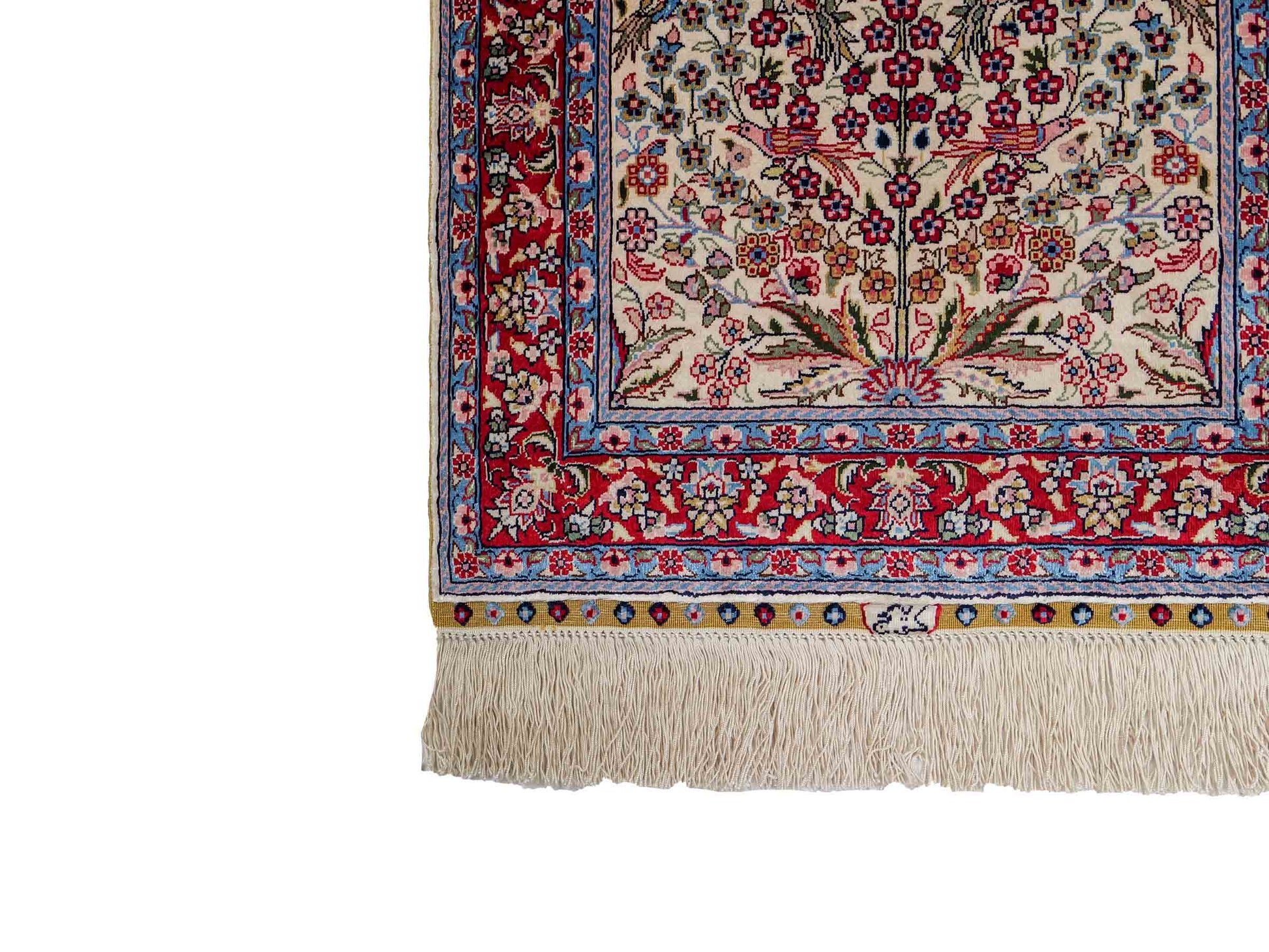 Sehr feiner, handgeknüpfter Khademi Orientteppich mit Hereke Design aus reiner Seide, creme, weiß, rot, blau. 63x47 cm. Vertrieb durch Jupiter Intl.