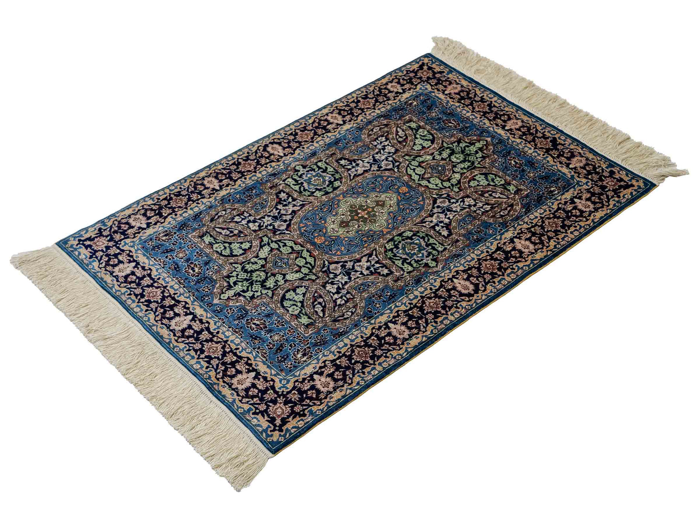 Sehr feiner, handgeknüpfter Khademi Orientteppich mit Hereke Design aus reiner Seide, blau. 92x62 cm. Vertrieb durch Jupiter Intl.