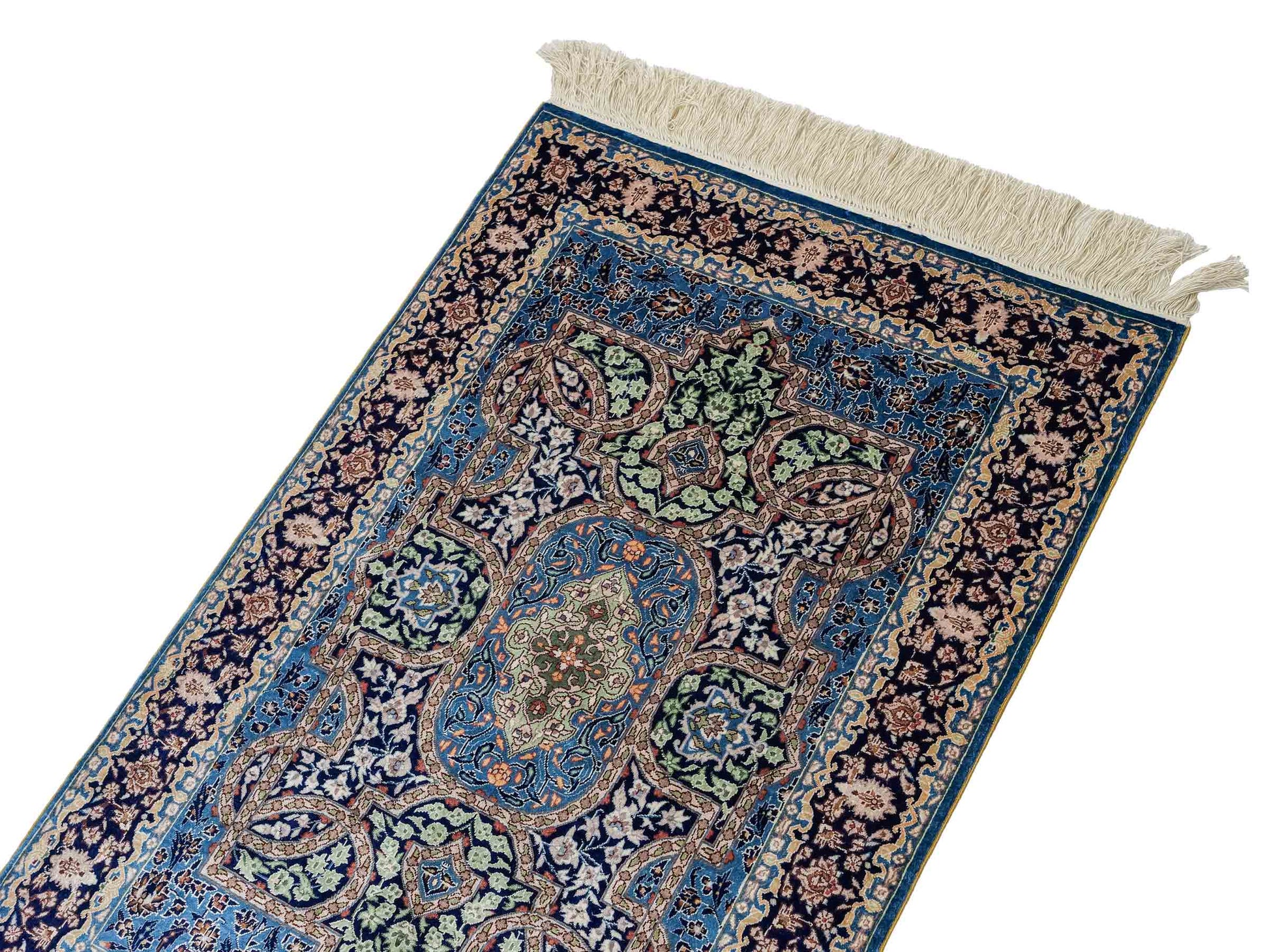 Sehr feiner, handgeknüpfter Khademi Orientteppich mit Hereke Design aus reiner Seide, blau. 92x62 cm. Vertrieb durch Jupiter Intl.