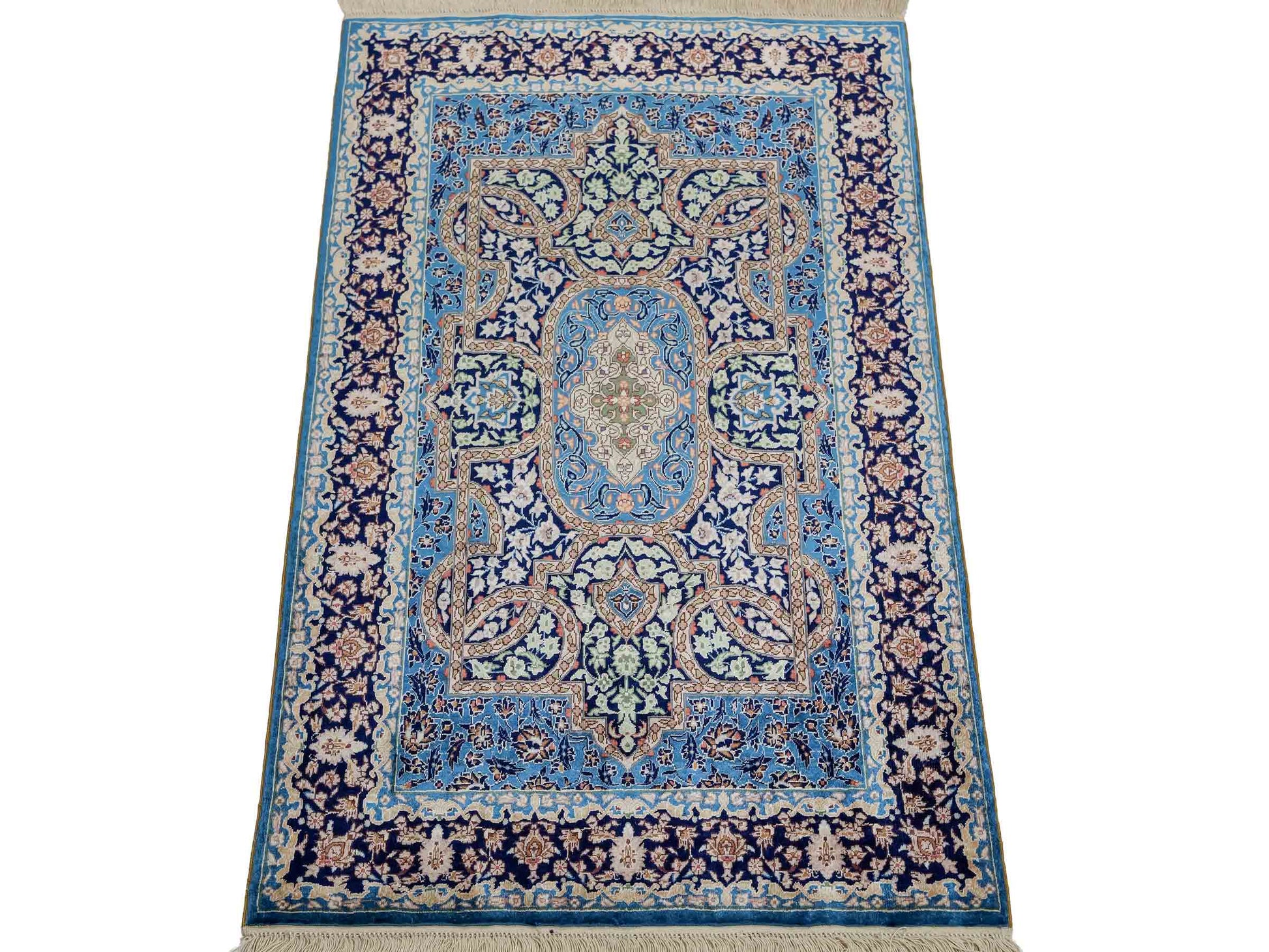 Sehr feiner, handgeknüpfter Khademi Orientteppich mit Hereke Design aus reiner Seide, blau. 92x62 cm. Vertrieb durch Jupiter Intl.