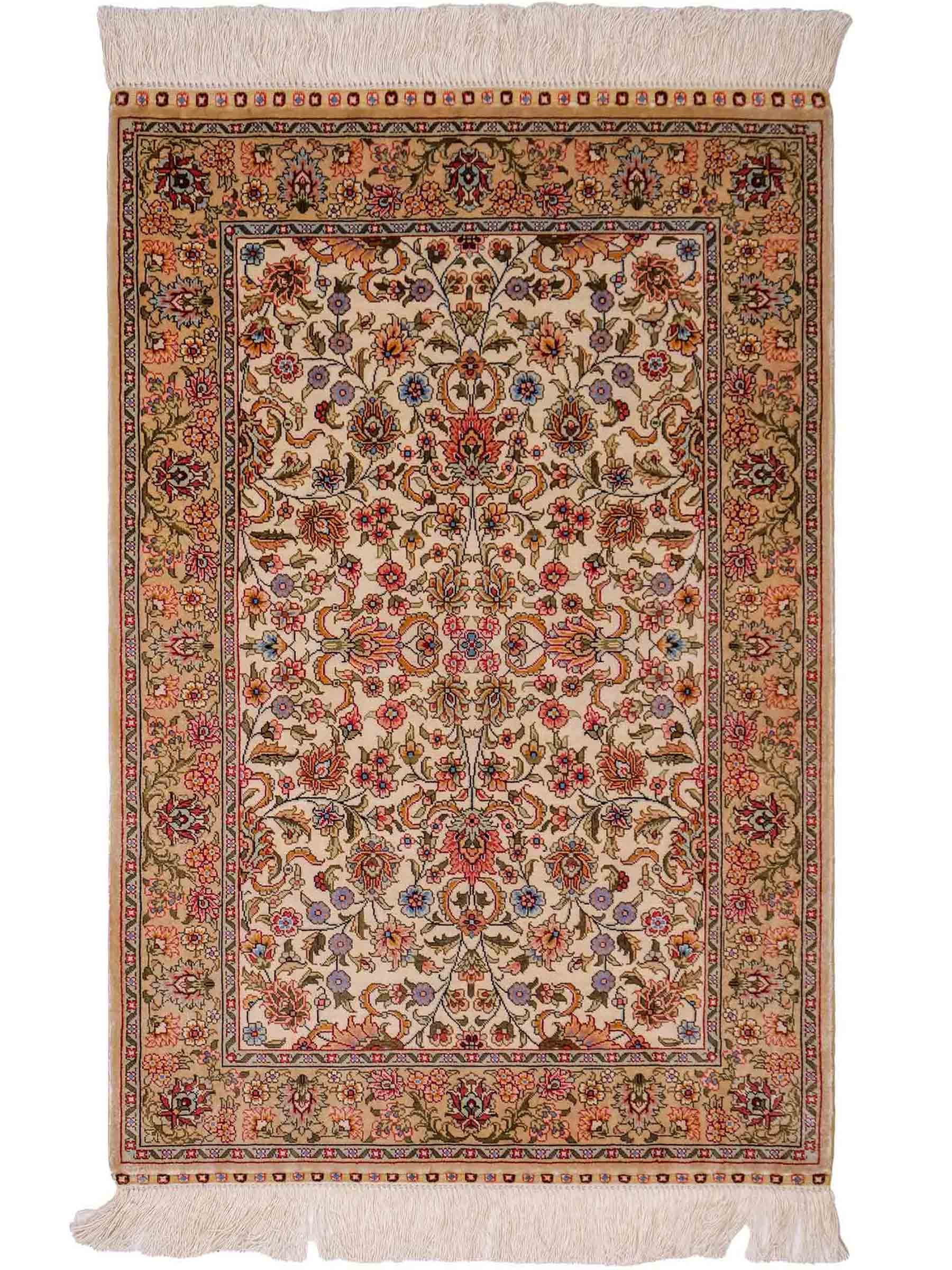 Sehr feiner, handgeknüpfter Khademi Orientteppich mit Hereke Design aus reiner Seide, beige, creme, weiß. 92x63 cm. Vertrieb durch Jupiter Intl.