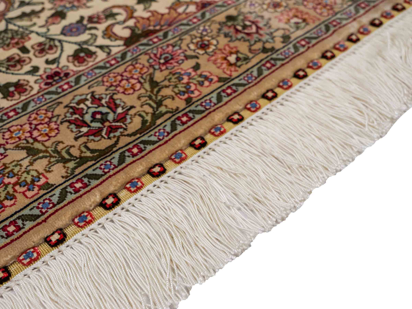 Sehr feiner, handgeknüpfter Khademi Orientteppich mit Hereke Design aus reiner Seide, beige, creme, weiß. 92x63 cm. Vertrieb durch Jupiter Intl.