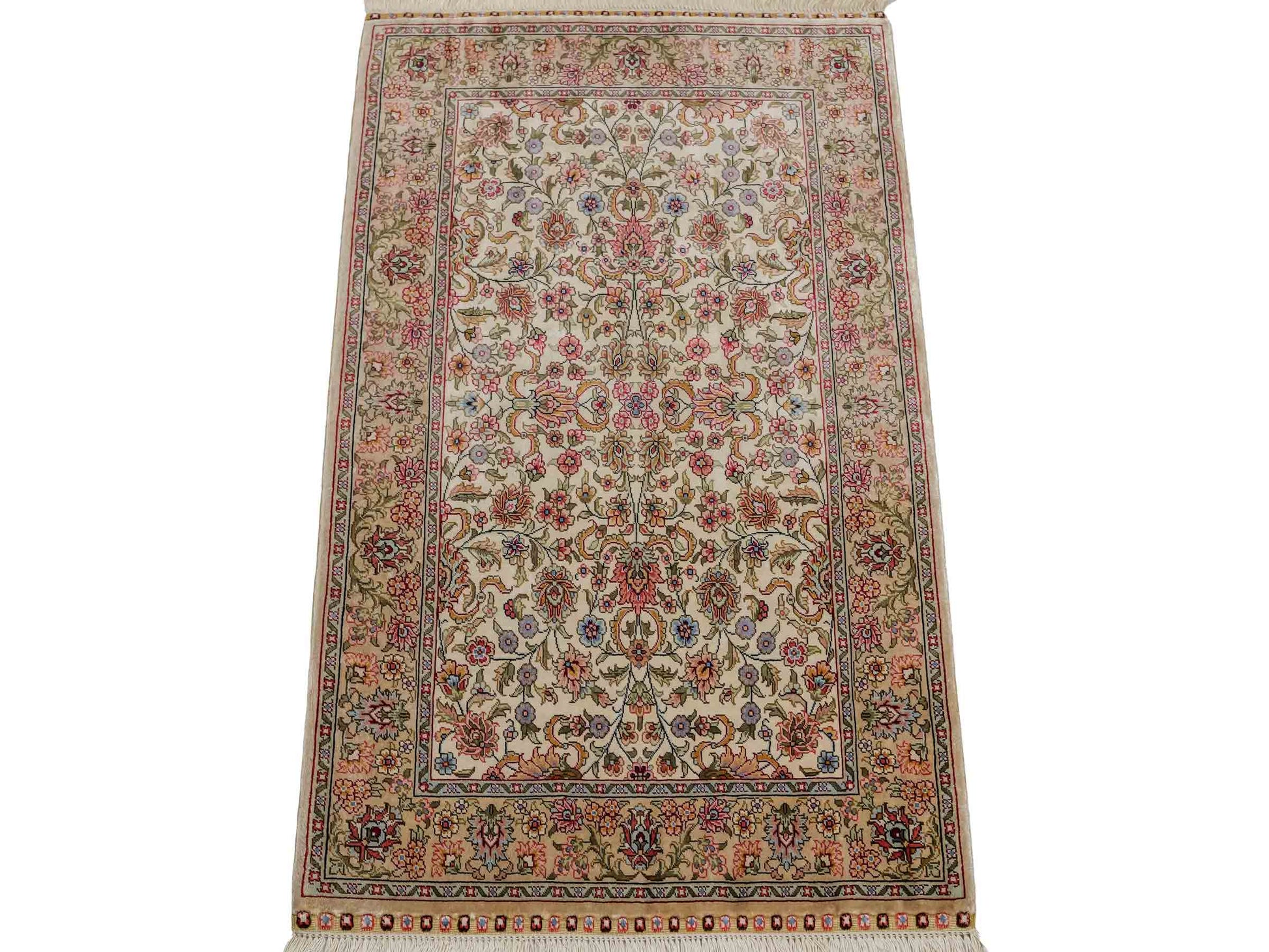 Sehr feiner, handgeknüpfter Khademi Orientteppich mit Hereke Design aus reiner Seide, beige, creme, weiß. 92x63 cm. Vertrieb durch Jupiter Intl.