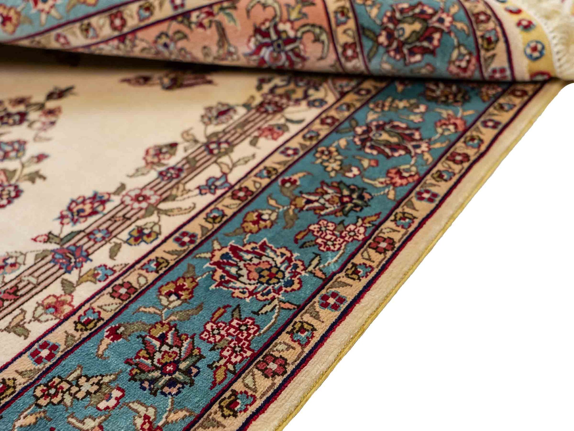 Sehr feiner, handgeknüpfter Khademi Orientteppich mit Hereke Design aus reiner Seide, creme, weiß, blau. 92x63 cm. Vertrieb durch Jupiter Intl.