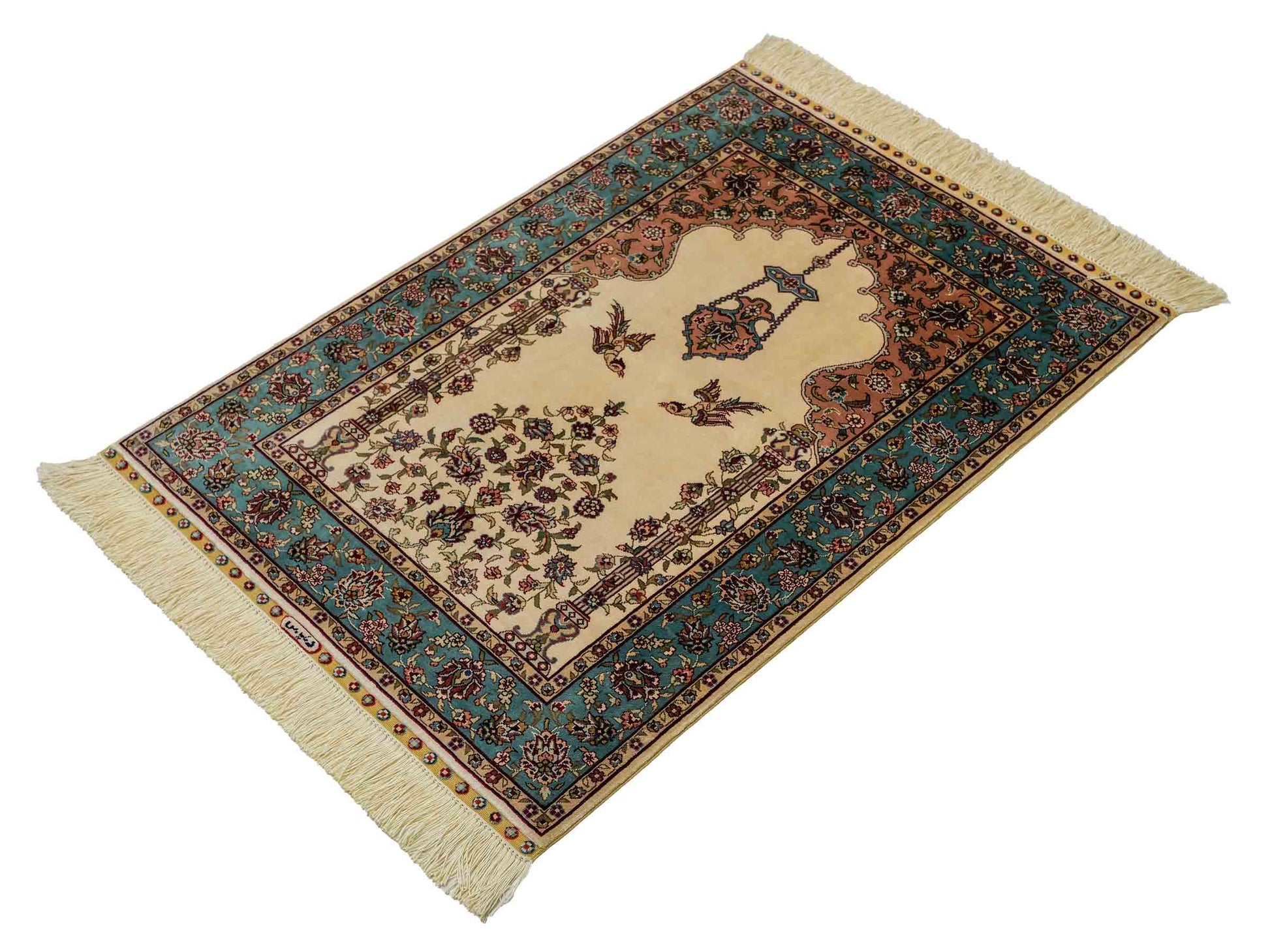 Sehr feiner, handgeknüpfter Khademi Orientteppich mit Hereke Design aus reiner Seide, creme, weiß, blau. 92x63 cm. Vertrieb durch Jupiter Intl.