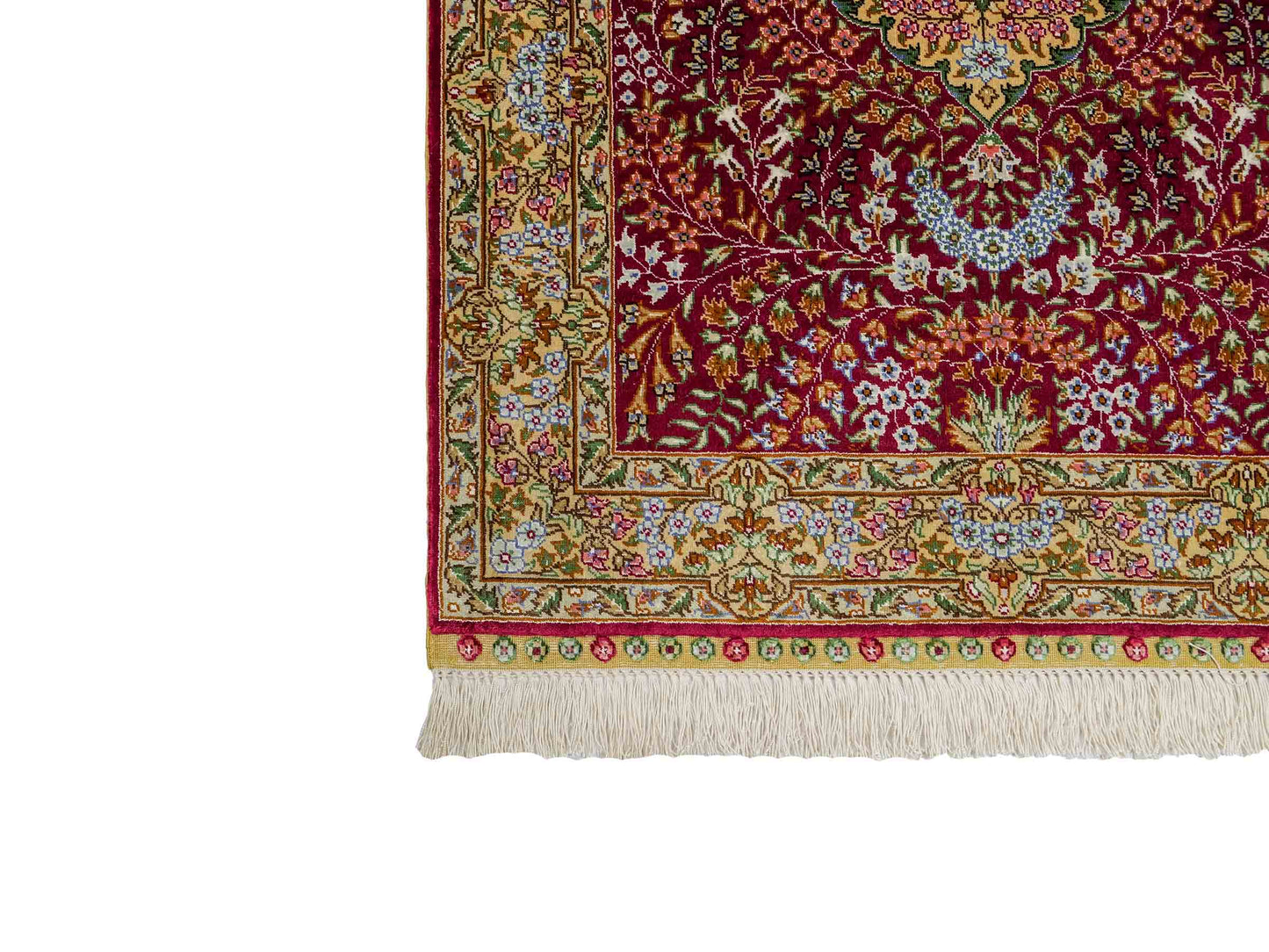 Sehr feiner, handgeknüpfter Khademi Orientteppich mit Hereke Design aus reiner Seide, rot, creme. 93x63 cm. Vertrieb durch Jupiter Intl.