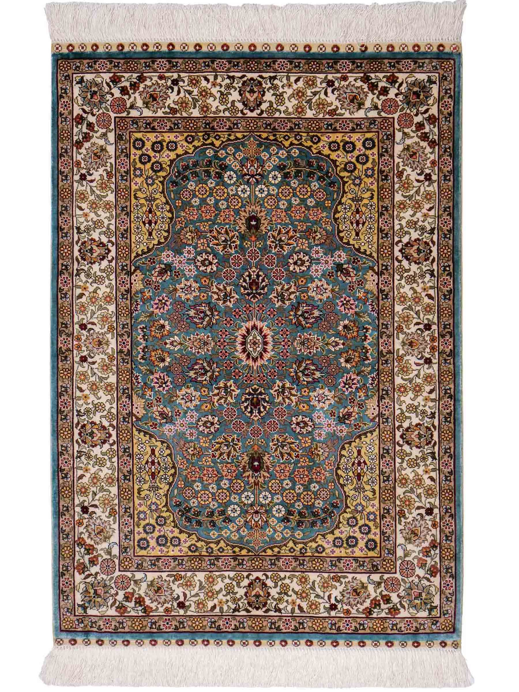 Sehr feiner, handgeknüpfter Khademi Orientteppich mit Hereke Design aus reiner Seide, blau, creme, beige. 93x63 cm. Vertrieb durch Jupiter Intl.