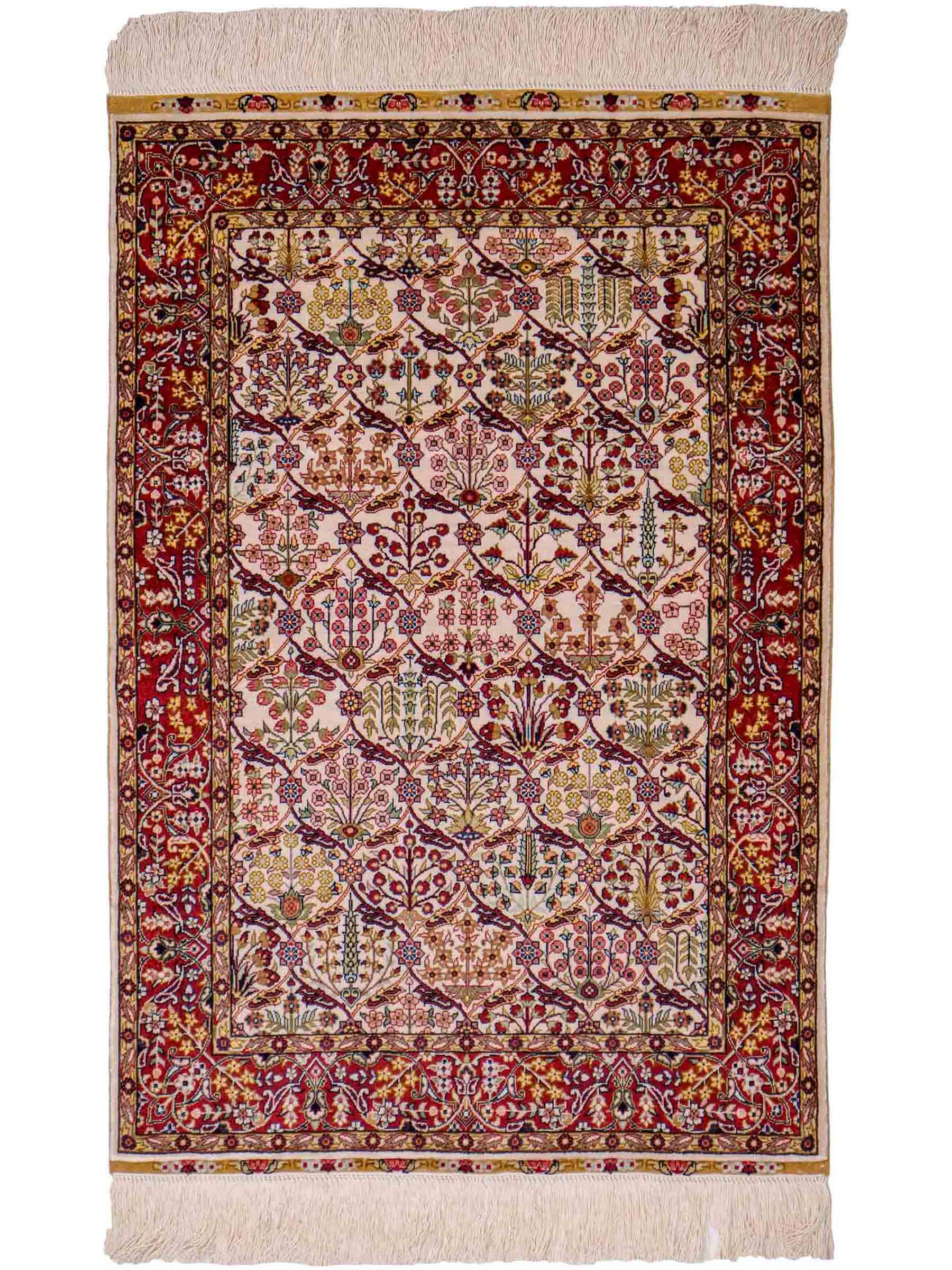 Sehr feiner, handgeknüpfter Khademi Orientteppich mit Hereke Design aus reiner Seide, creme, weiß, rot. 93x63 cm. Vertrieb durch Jupiter Intl.