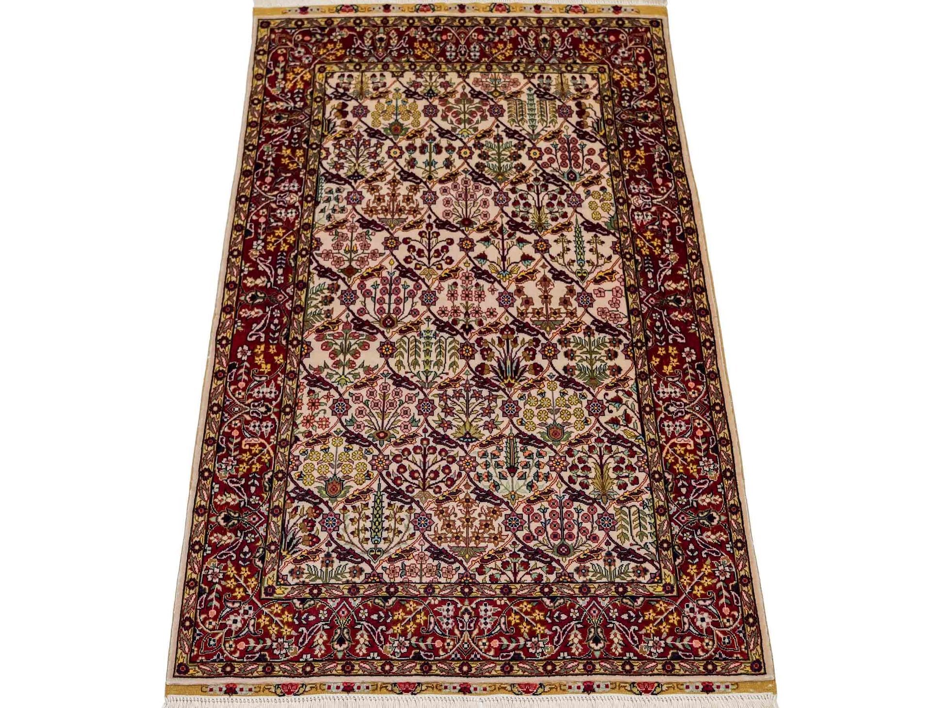 Sehr feiner, handgeknüpfter Khademi Orientteppich mit Hereke Design aus reiner Seide, creme, weiß, rot. 93x63 cm. Vertrieb durch Jupiter Intl.