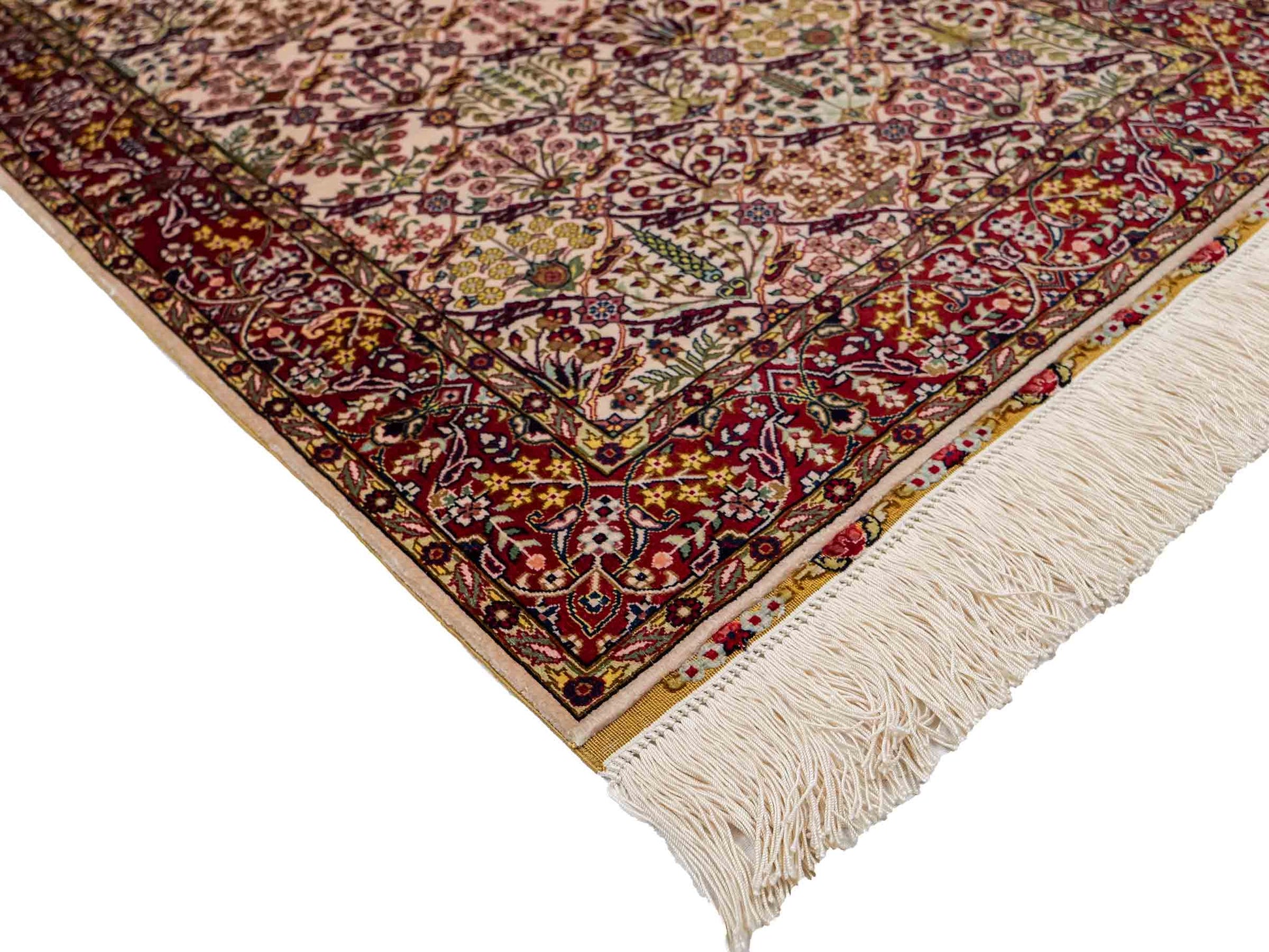 Sehr feiner, handgeknüpfter Khademi Orientteppich mit Hereke Design aus reiner Seide, creme, weiß, rot. 93x63 cm. Vertrieb durch Jupiter Intl.